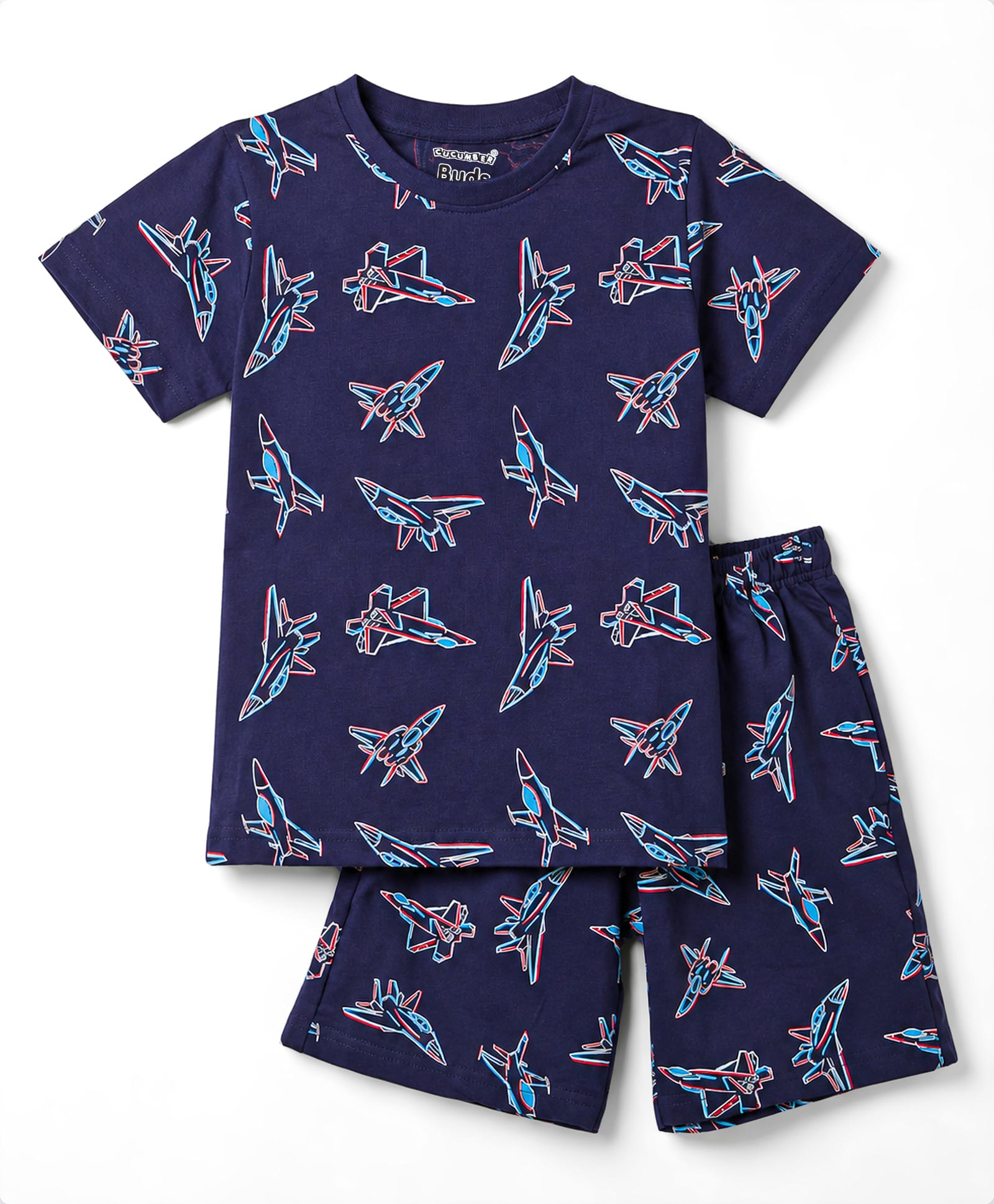 CUCUMBER Sinker Knit Half Sleeves T-shirt & Shorts Co-ords Night Suit With Aeroplane Print - Navy Blue-picture-30
