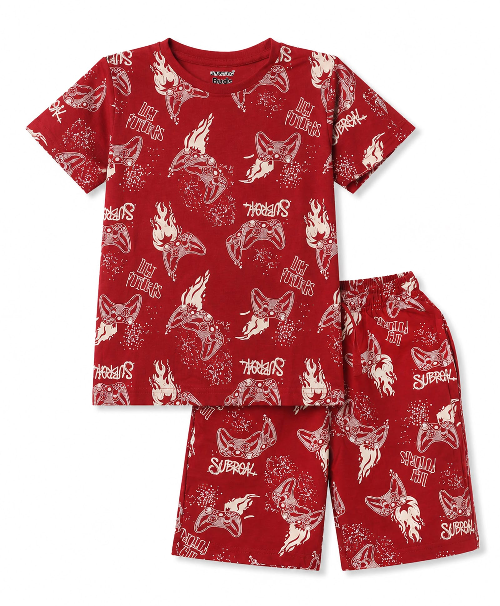 CUCUMBER Sinker Knit Half Sleeves Co-Ords Game Pad Printed T-Shirt & Shorts Night Suit - Maroon-image-16