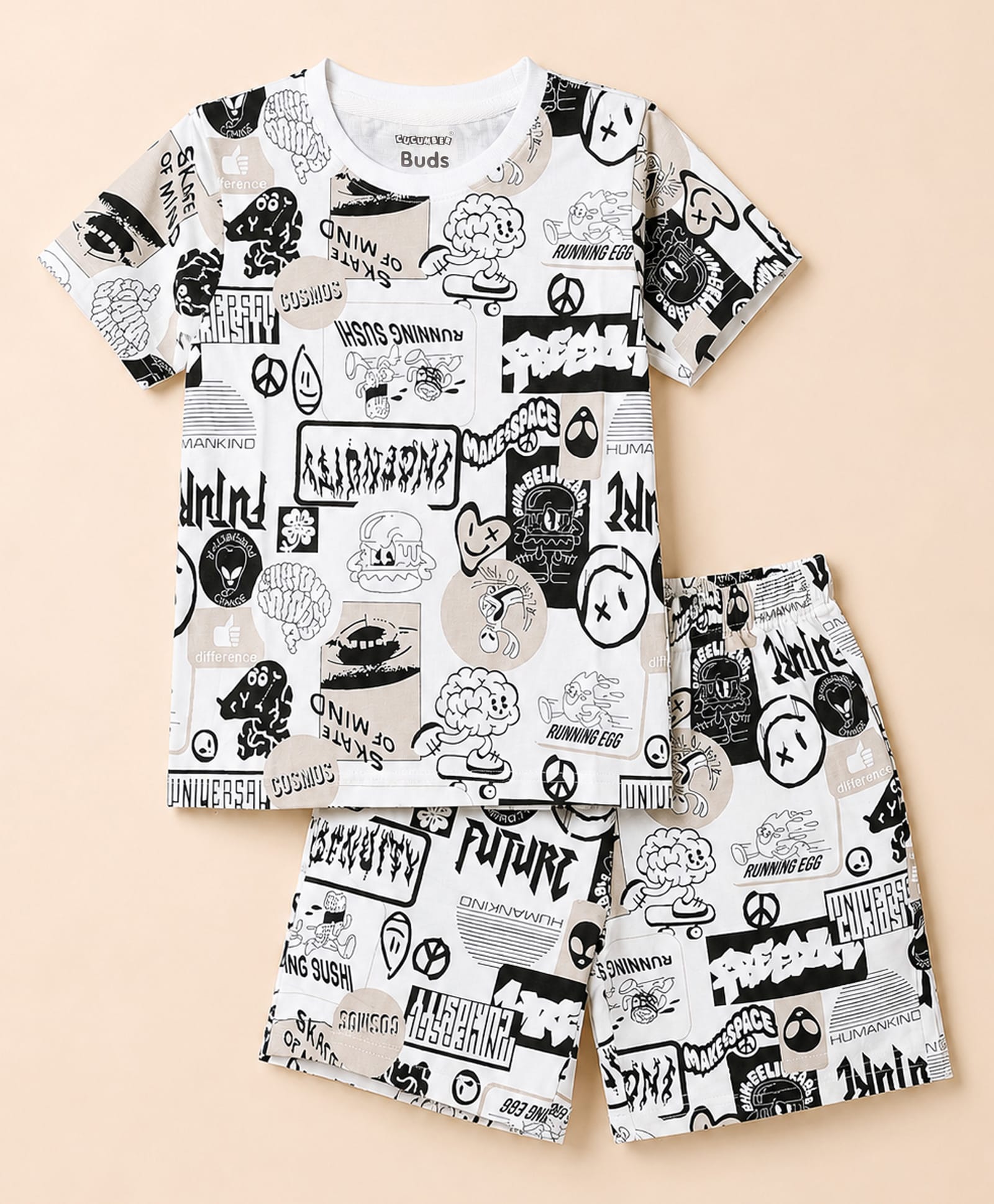 CUCUMBER Sinker Knit Half Sleeves Co-Ords Text Printed T-Shirt & Shorts Night Suit - White-picture-20