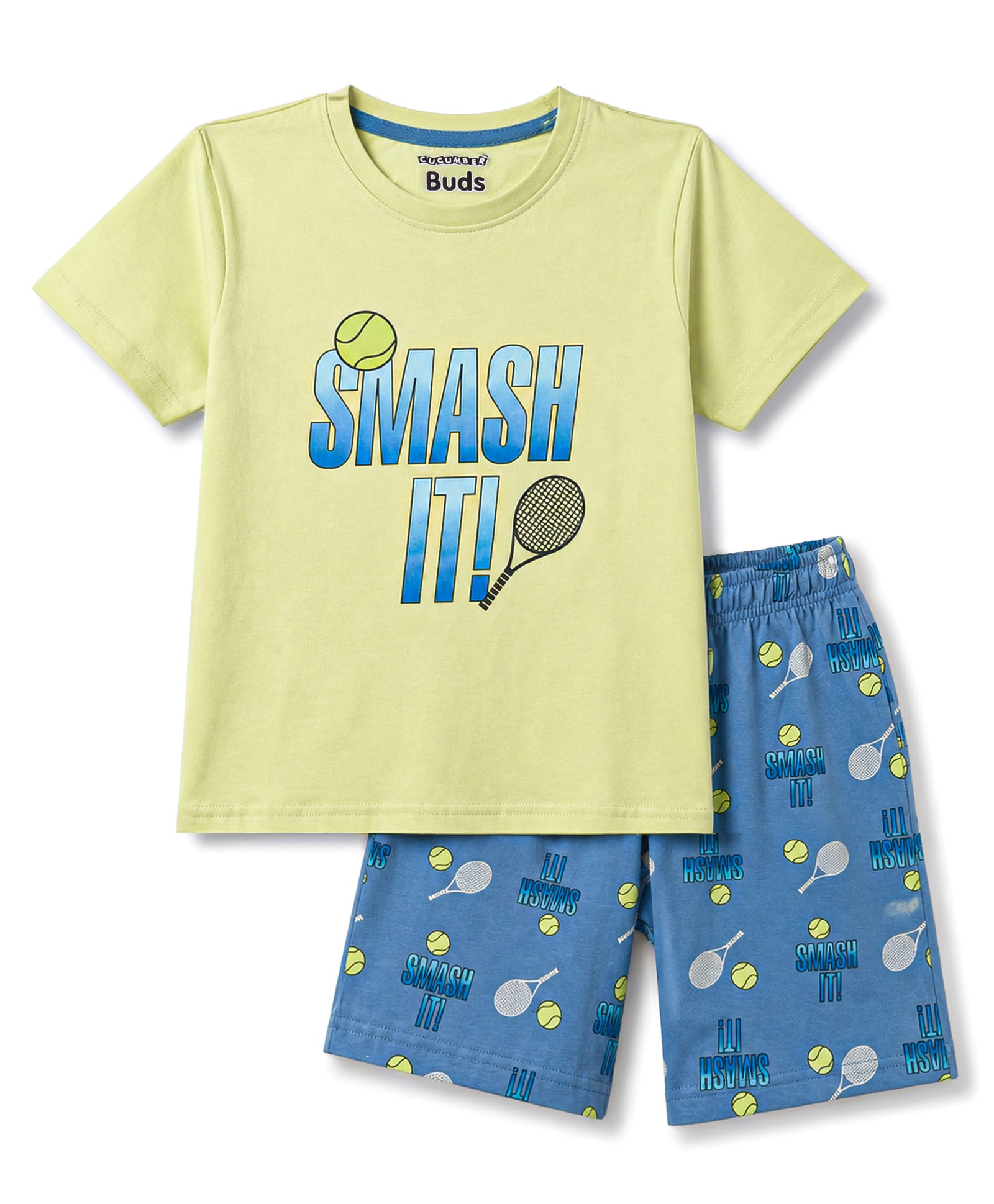 CUCUMBER Sinker Knit Half Sleeves Text & Sports Theme Printed T-Shirt & Shorts Set - Light Green-image-27
