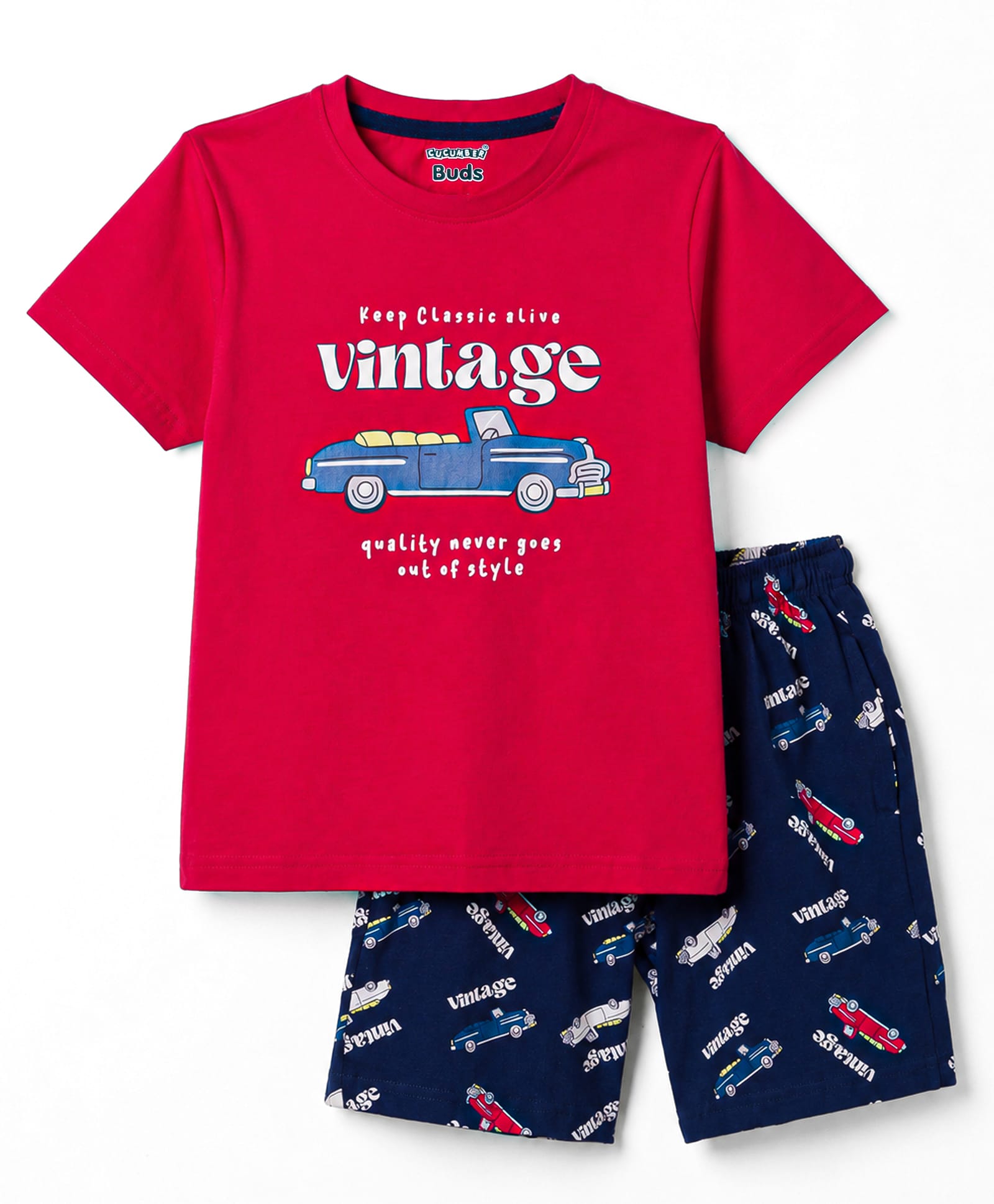 CUCUMBER Sinker Knit Half Sleeves Vehicles & Text Printed T-Shirt & Shorts Set - Red-picture-19