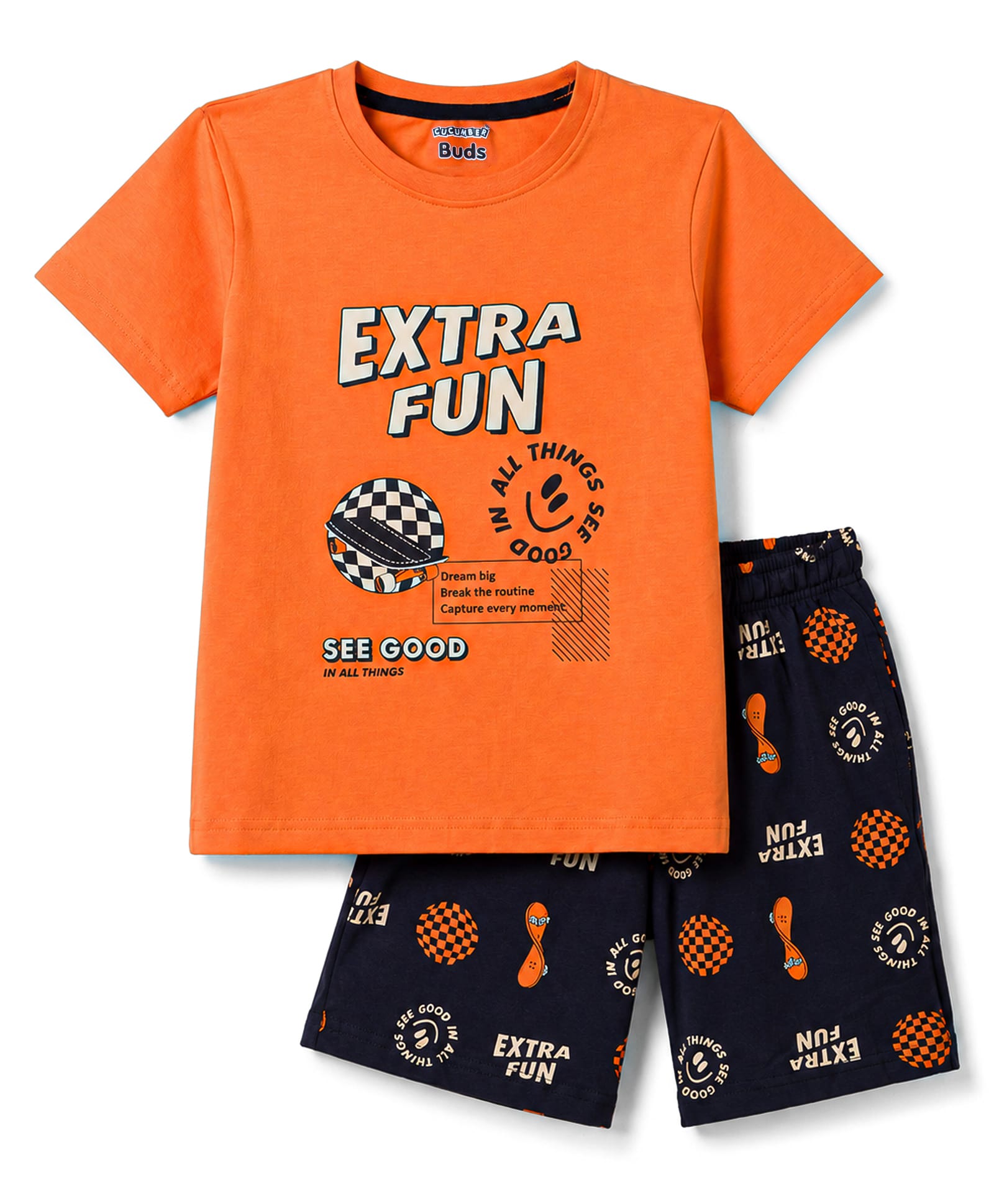 CUCUMBER Sinker Knit Half Sleeves Text Printed T-Shirt & Shorts Set - Orange-picture-17