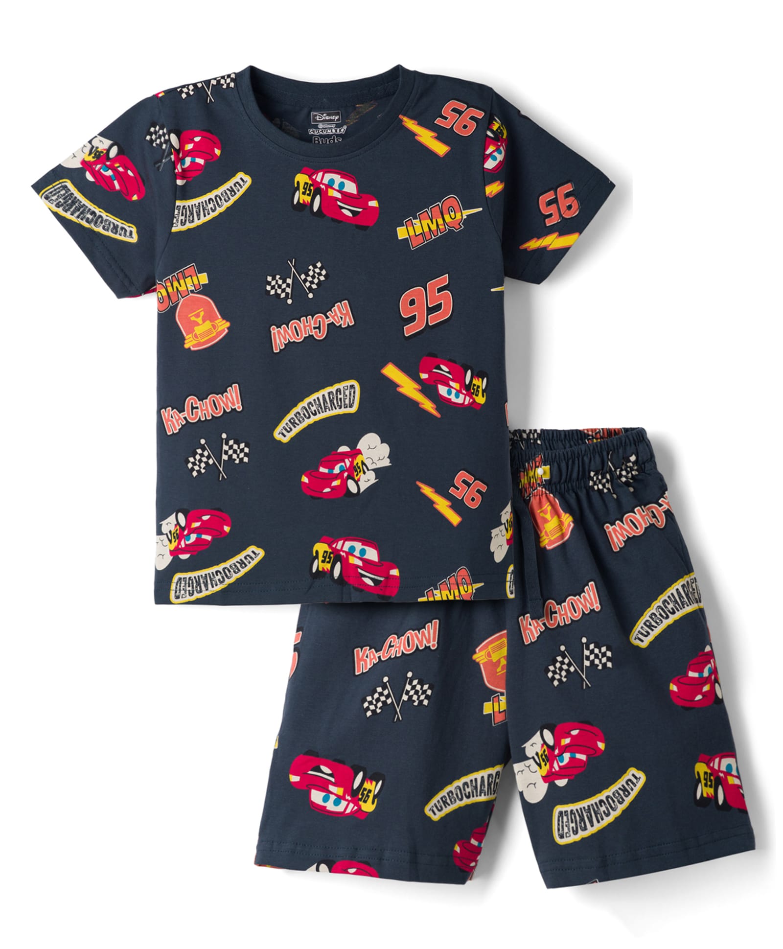 CUCUMBER Sinker Knit Half Sleeves T-shirt & Shorts Co-ords Night Suit With Vehicle Print - Navy Blue-picture-7