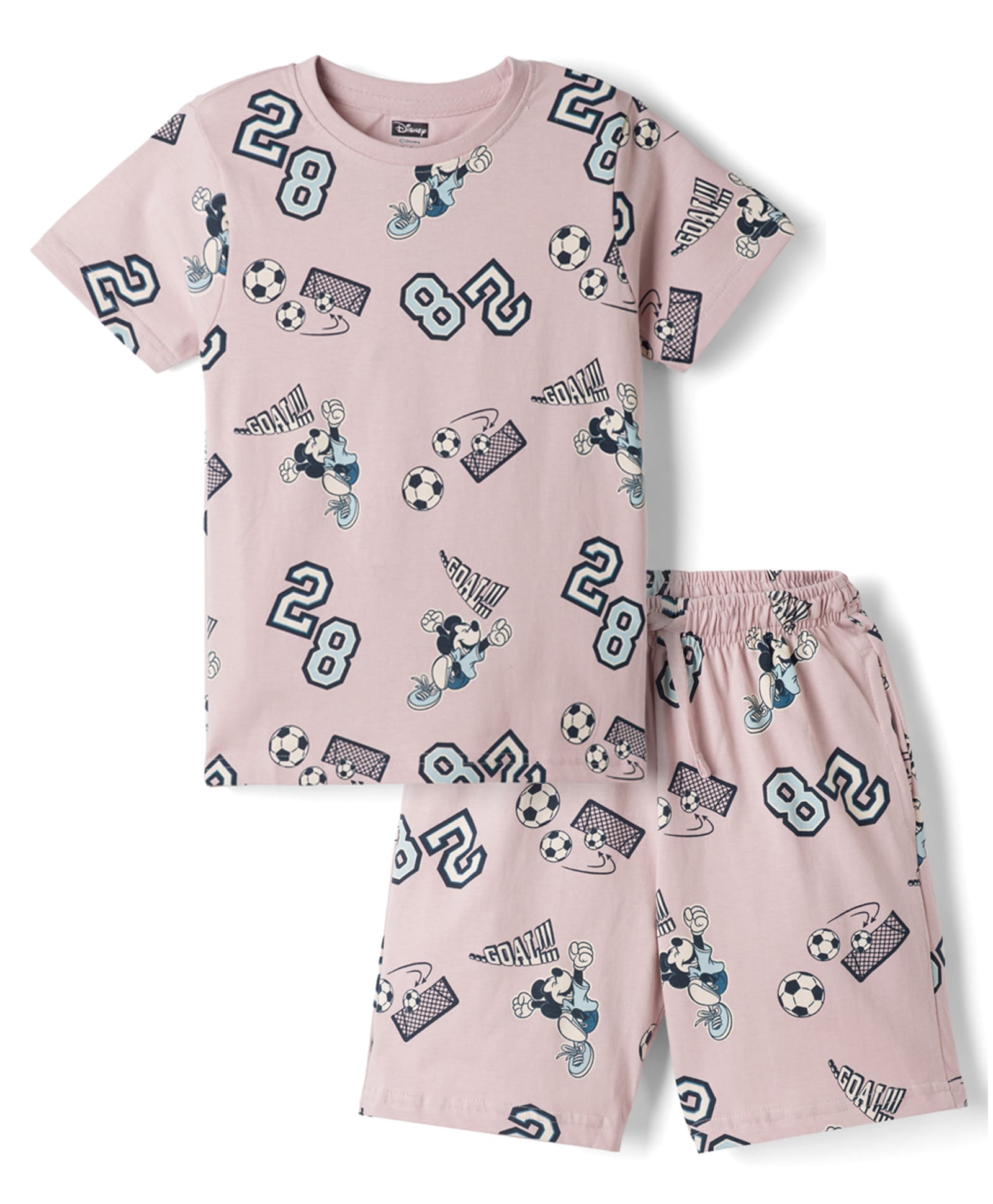CUCUMBER Sinker Knit Half Sleeves T-shirt & Shorts Co-ords Night Suit With Mickey Mouse Print - Pink-image-13