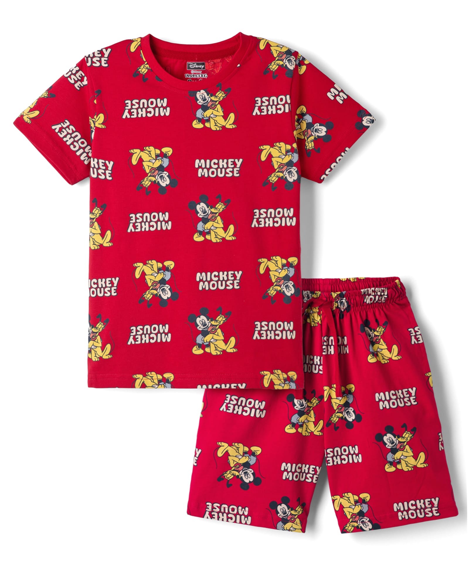 CUCUMBER Sinker Knit Half Sleeves T-shirt & Shorts Co-ords Night Suit With Mickey Mouse Print - Red-picture-35