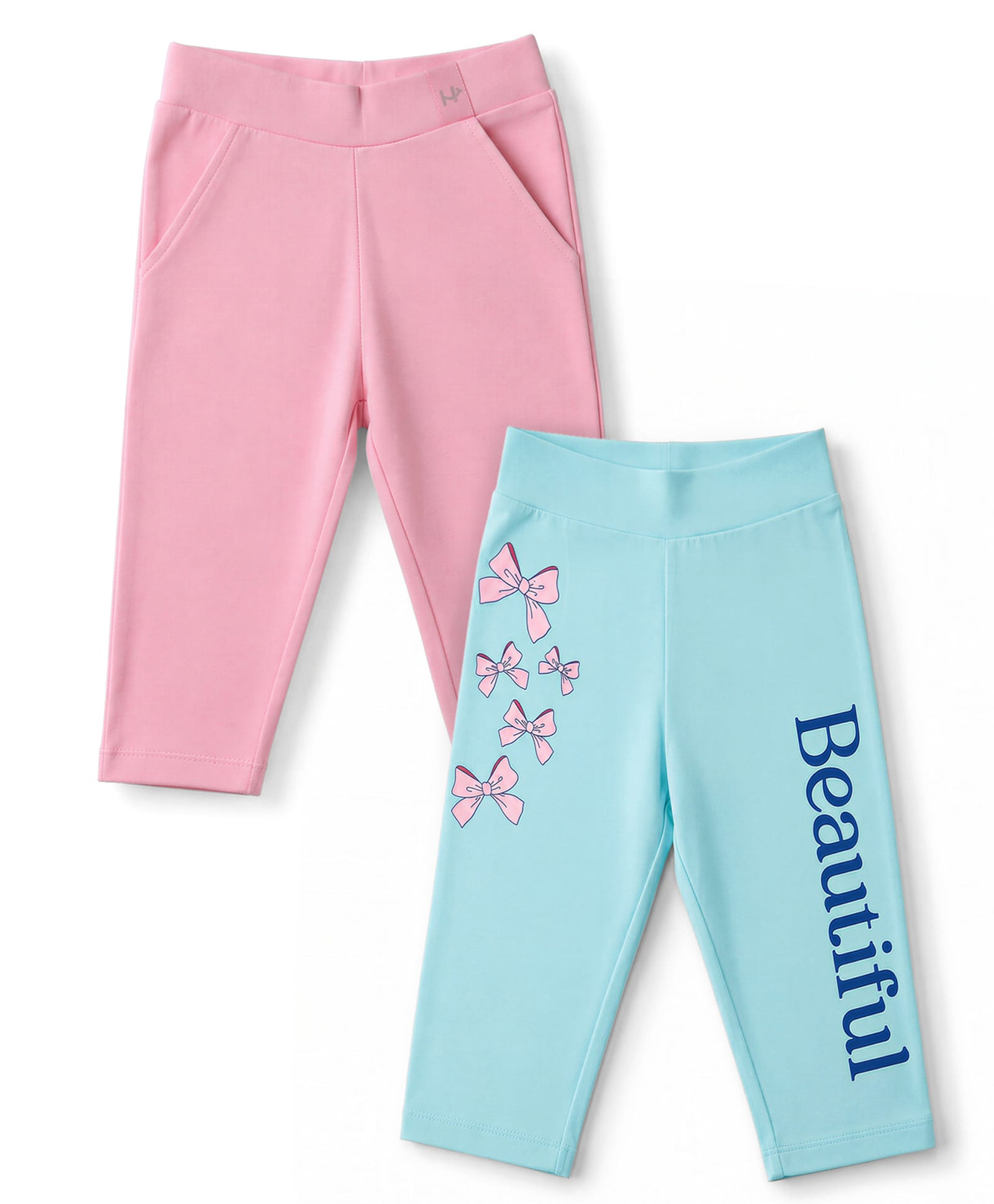 Honeyhap Premium Cotton Elastane Knit Three Fourth Leggings with Bow & Text Print Pack of 2 - Light Pink & Aqua-picture-10