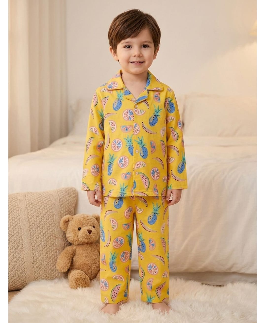 Rikidoos Cotton Woven Full Sleeve Shirt & Pyjama Night Suit With Fruit Print -Yellow-picture-41