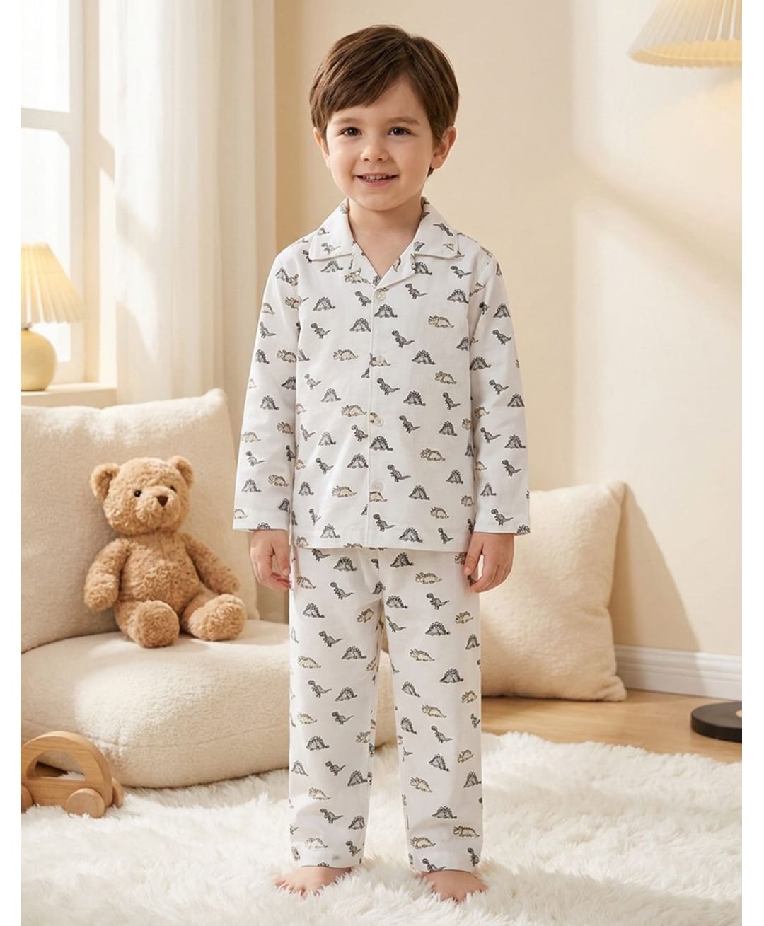 Rikidoos Cotton Woven Full Sleeve Shirt & Pyjama Night Suit With Dino Print - White-image-38