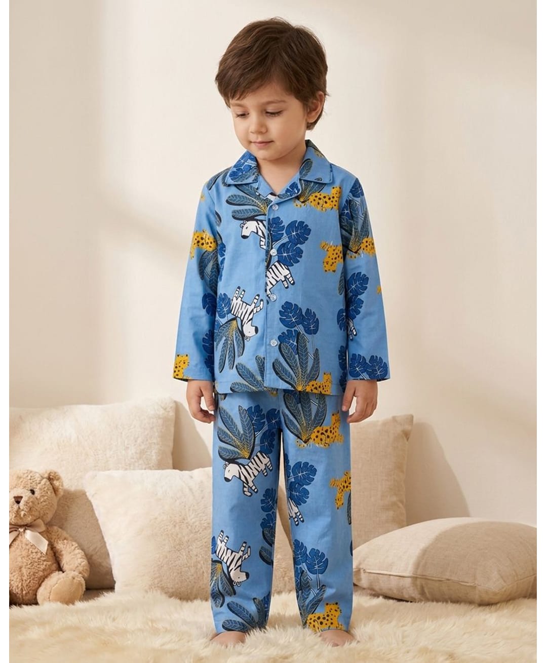 Rikidoos Cotton Woven Full Sleeve Shirt & Pyjama Night Suit With Animal Print -Light Blue-picture-28