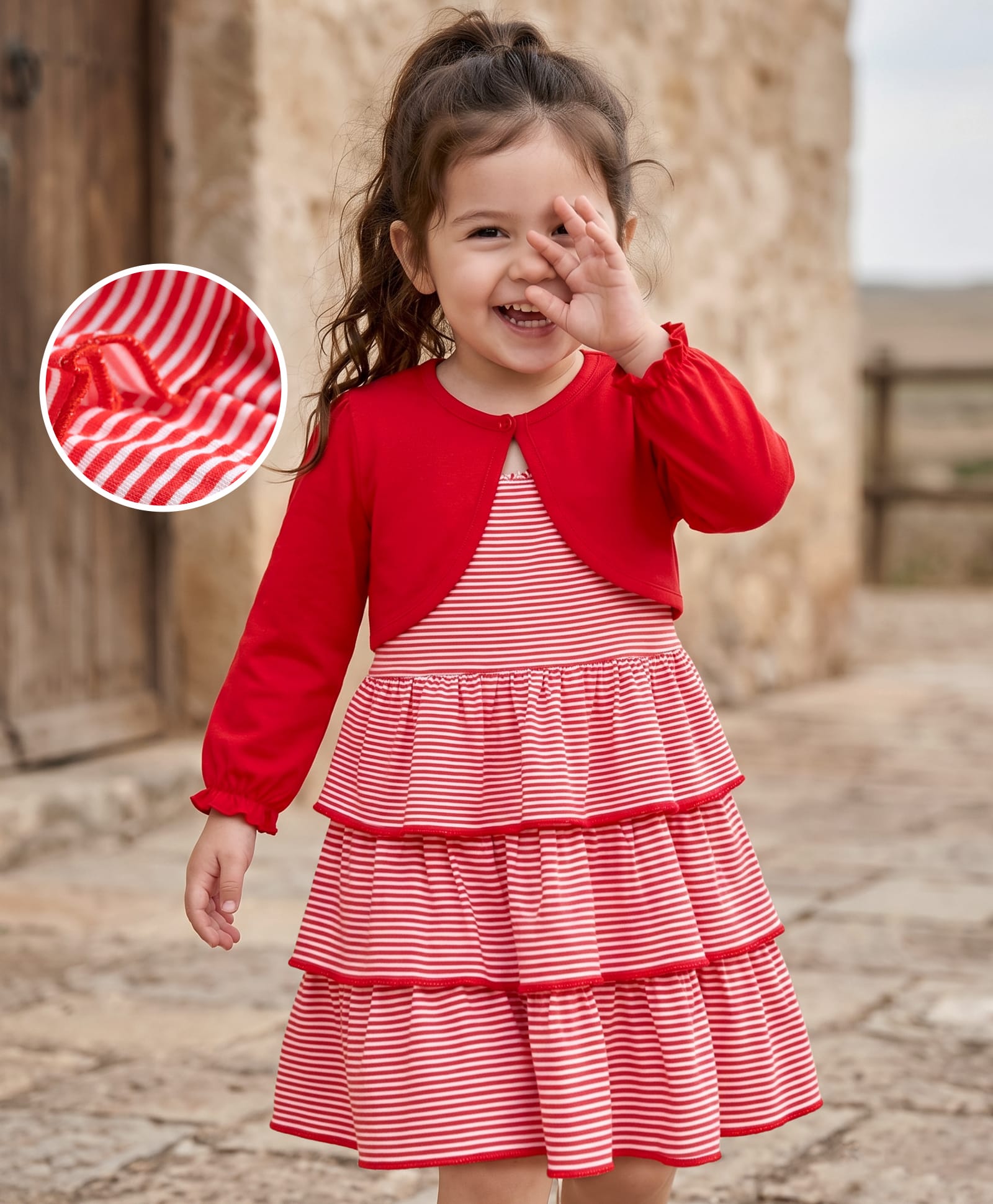 Babyhug Single Jersey Knit Full Sleeves Striped Frock with Shrug - Red-picture-23
