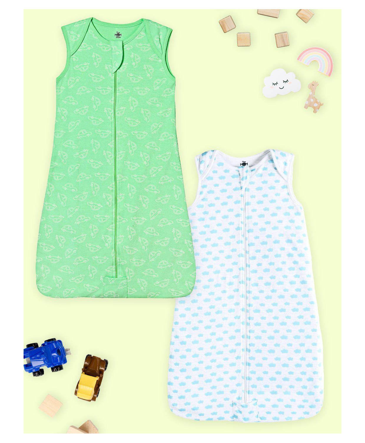 The Mom Store Cotton Vroom Vroom and Happy Cloud Combo Of 2 Sleeping Bag - White & Green-picture-17