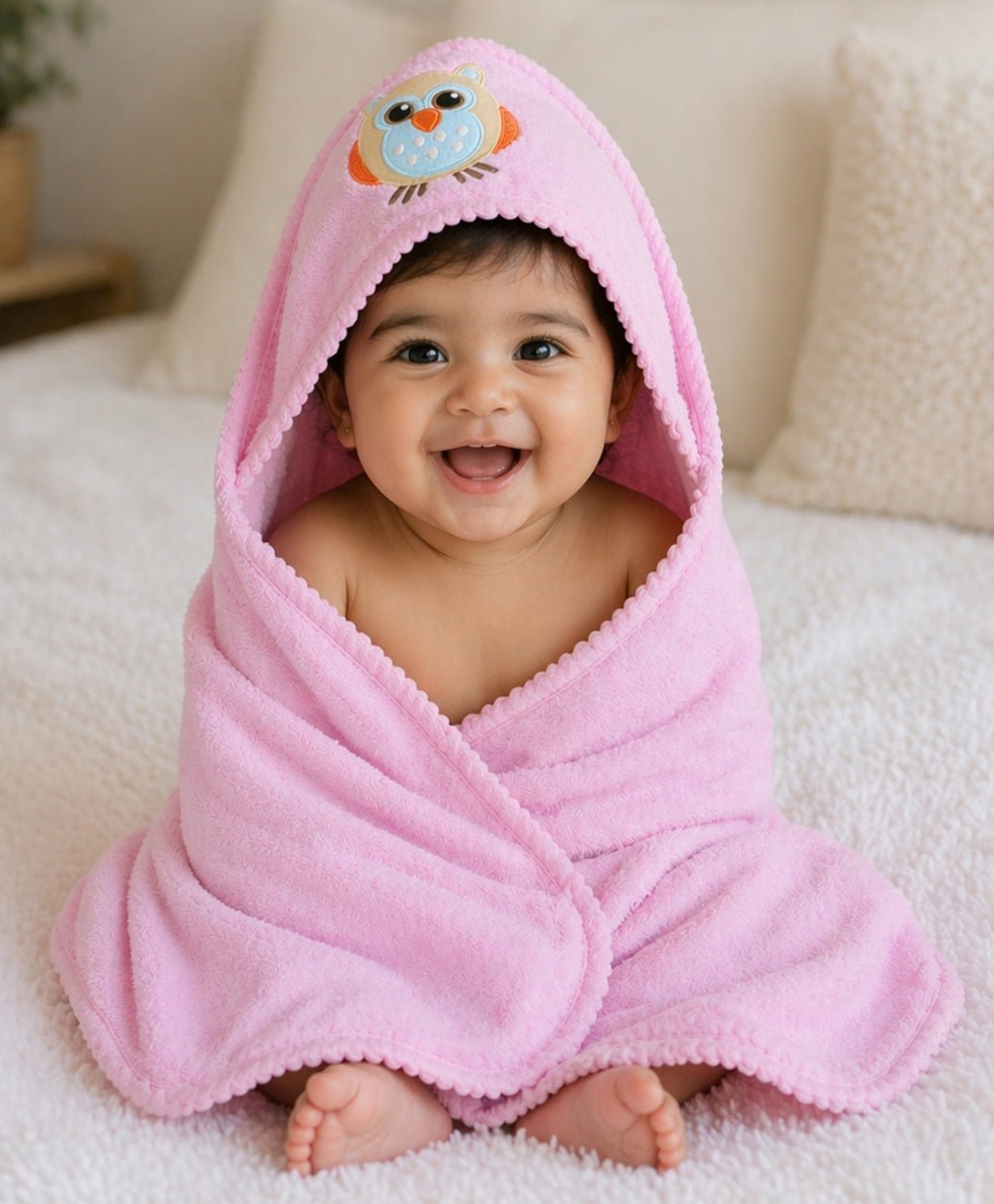 The Mom Store Cotton Little Wise Owl Hooded Towel Blanket - Pink-image-27