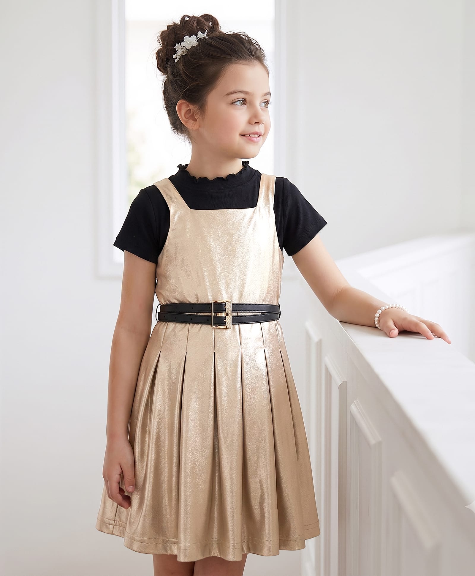 Arias Woven Half Sleeves Metallic Printed Pleated Frock With T-Shirt & Belt - Golden-image-41