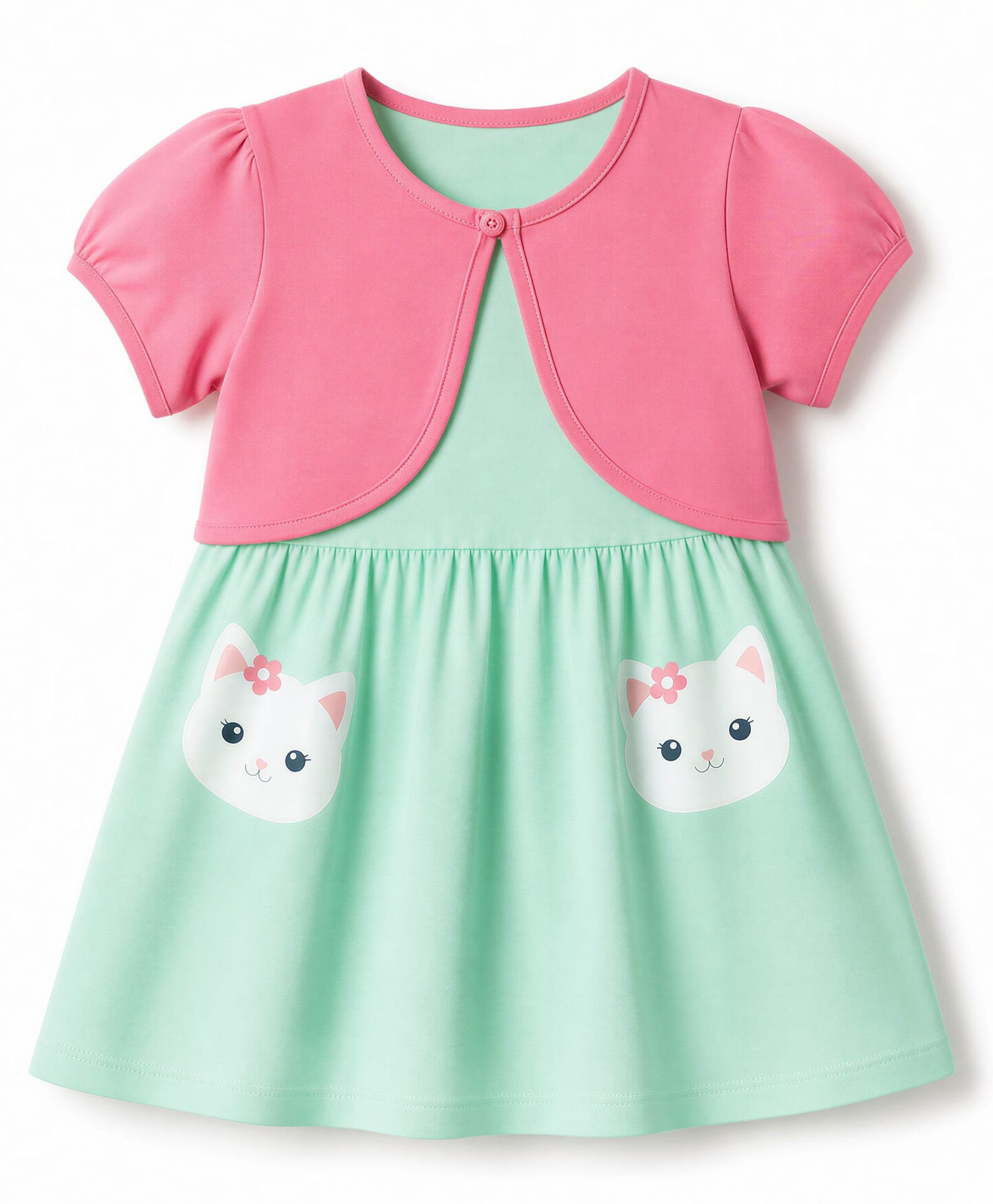 Babyhug Single Jersey Knit Half Sleeves Cat Printed Frock With Shrug - Green-image-4