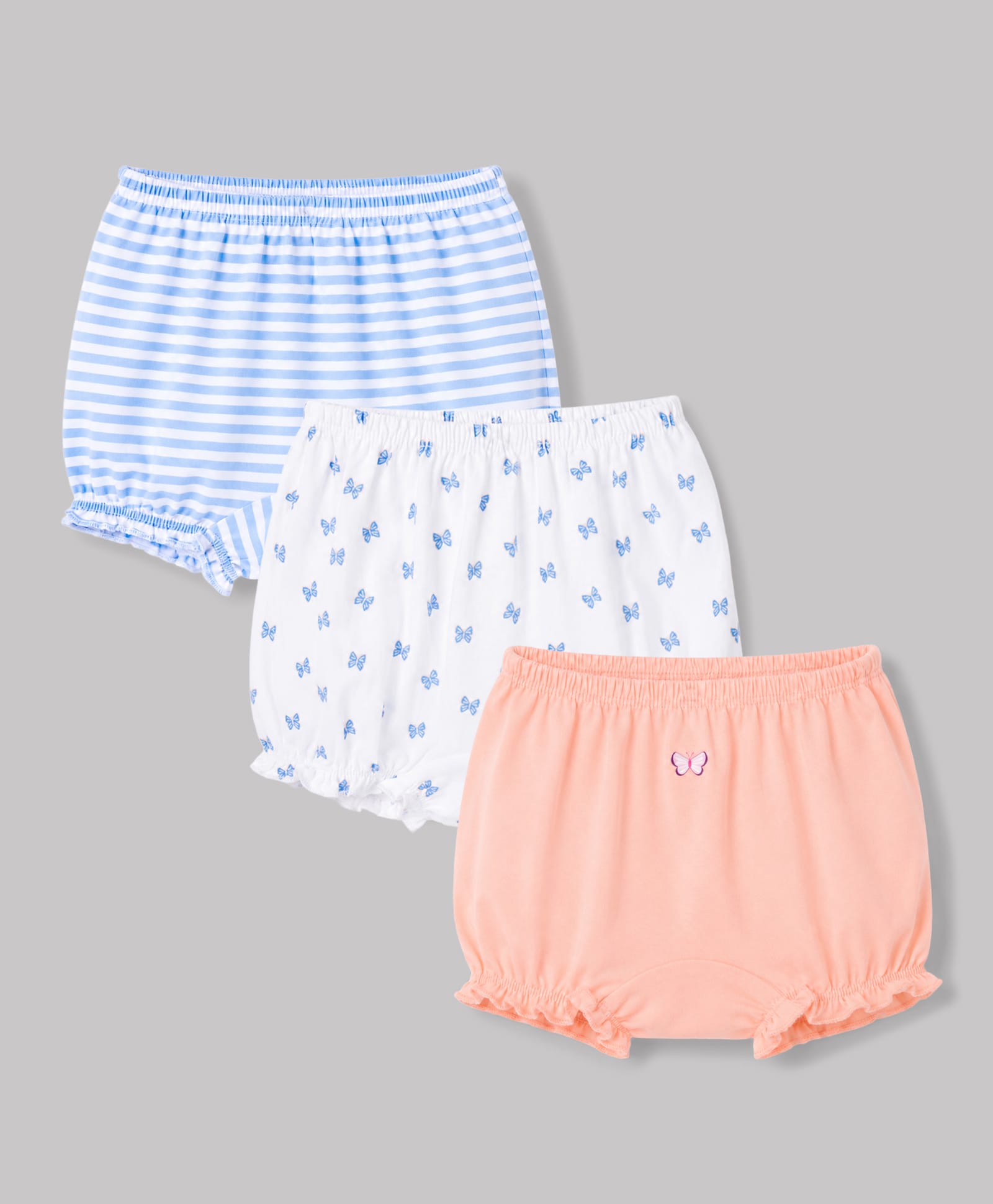 Honeyhap 100%Cotton Knit Bio Finish Striped Bloomers With Butterfly Print Pack of 3 - White Blue & Peach-image-26