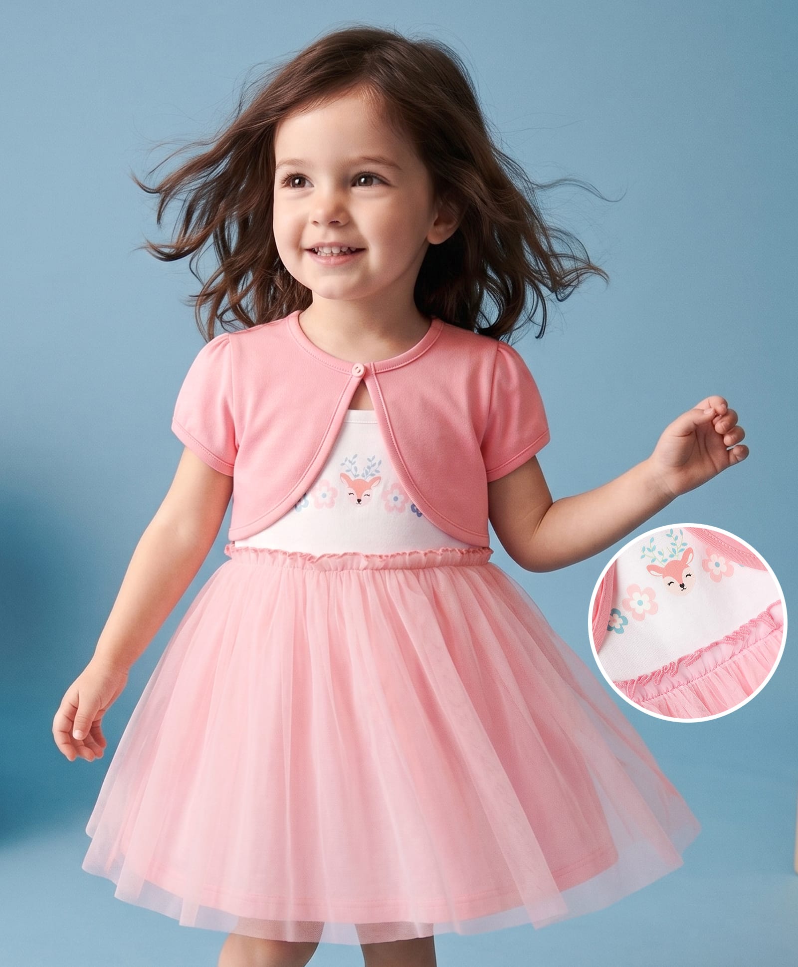 Babyhug Cotton Knit Half Sleeves Frock with Shrug & Deer Floral Print - Pink-image-40