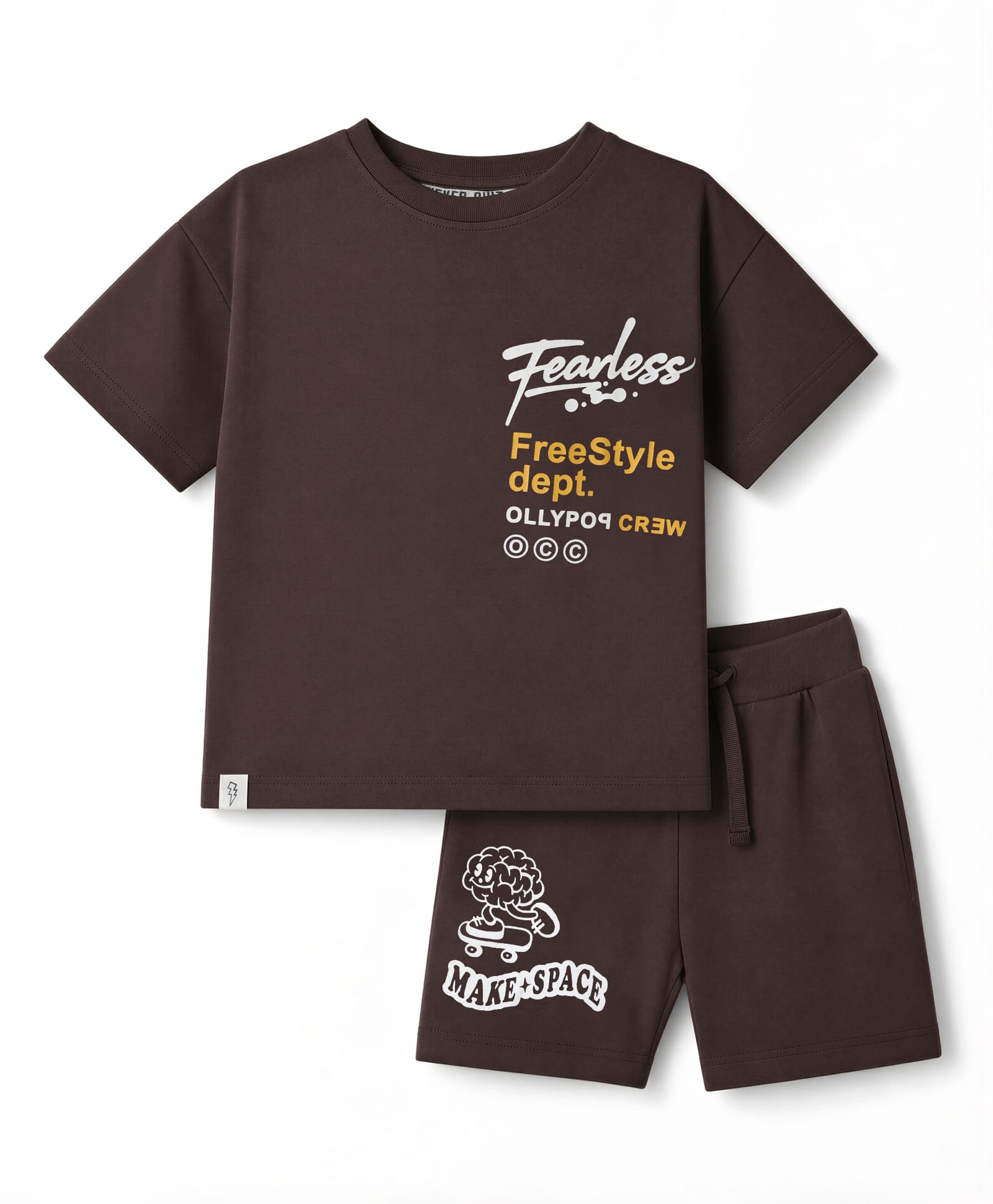 Ollypop Sinker Knit Half Sleeves Oversized T-Shirt and Shorts Set Text Print - Brown-image-31
