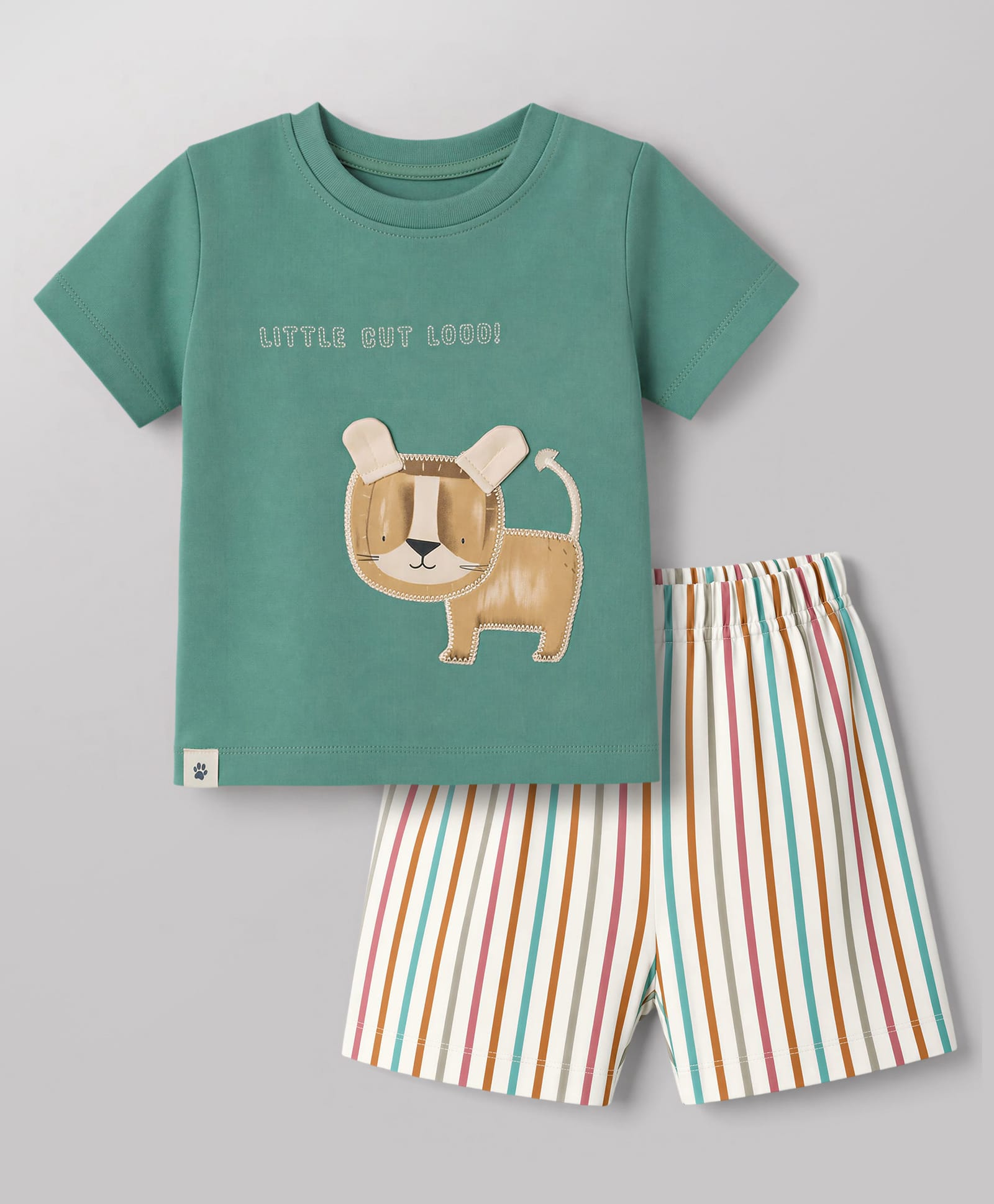 Ollypop Interlock Knit Half Sleeves T-Shirt with Side Button and Diaper Shorts Set Animal Print - Green-picture-2