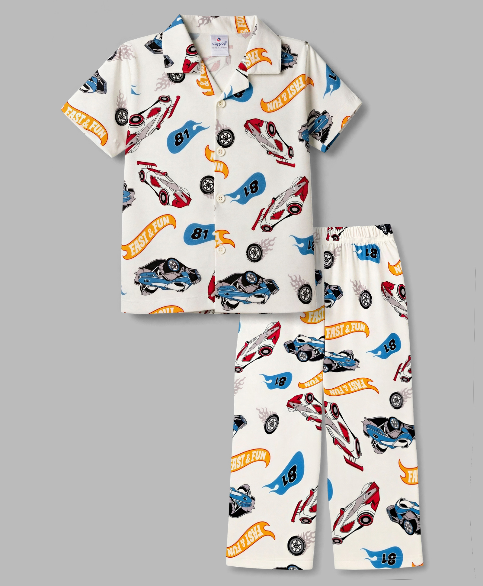 Ollypop Sinker Knit Half Sleeves Vehicles Printed Co-Ords Shirt & Pyjama Night Suit - Cream-picture-26