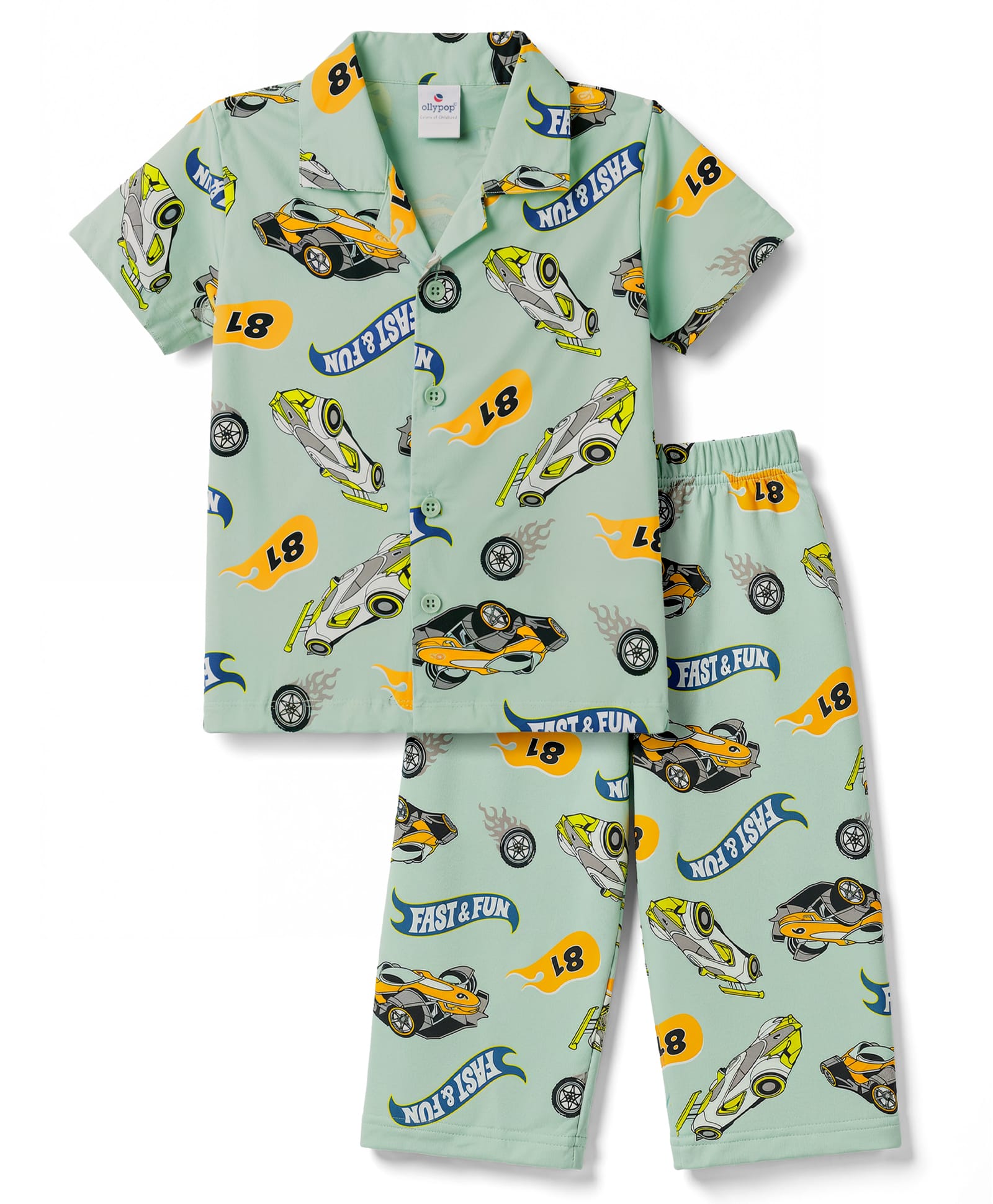 Ollypop Sinker Knit Half Sleeves Vehicles Printed Co-Ords Shirt & Pyjama Night Suit - Green-picture-30