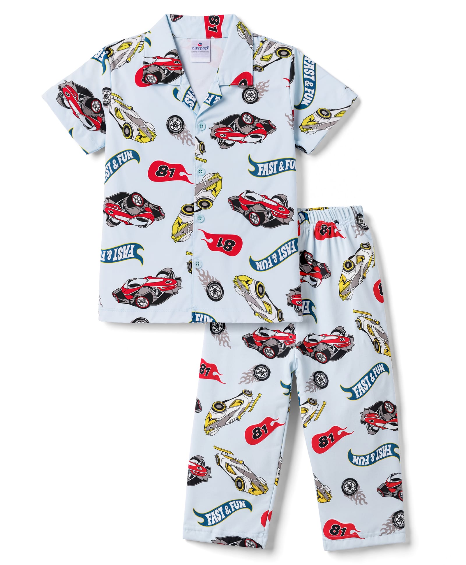 Ollypop Sinker Knit Half Sleeves Vehicles Printed Co-Ords Shirt & Pyjama Night Suit - Blue-picture-43