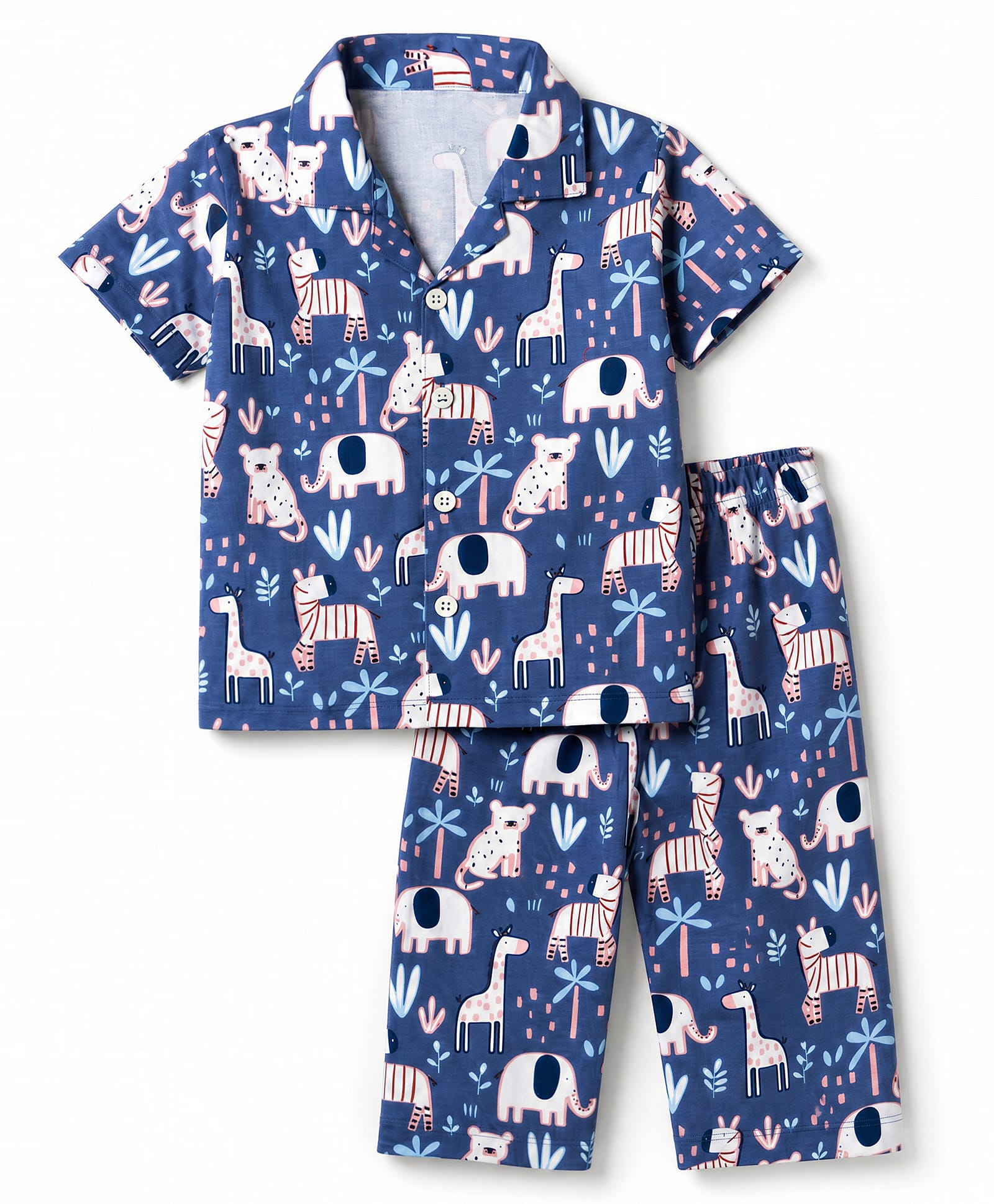 Ollypop Sinker Knit Half Sleeves Shirt & Pajama Co-Ords Night Suit with Animals Print - Blue-image-28