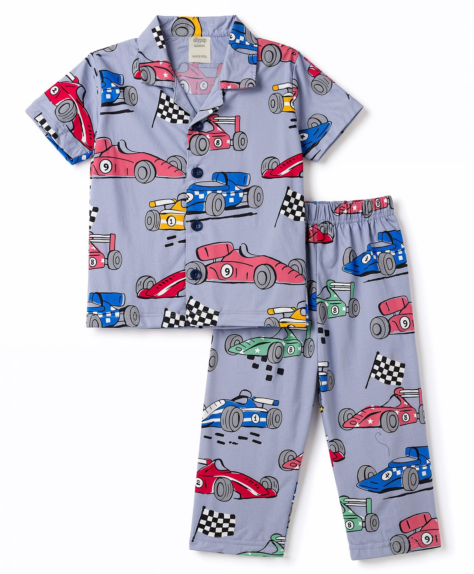 Ollypop Sinker Knit Half Sleeves Vehicles Printed Co-Ords Shirt & Pyjama Night Suit - Blue-picture-45