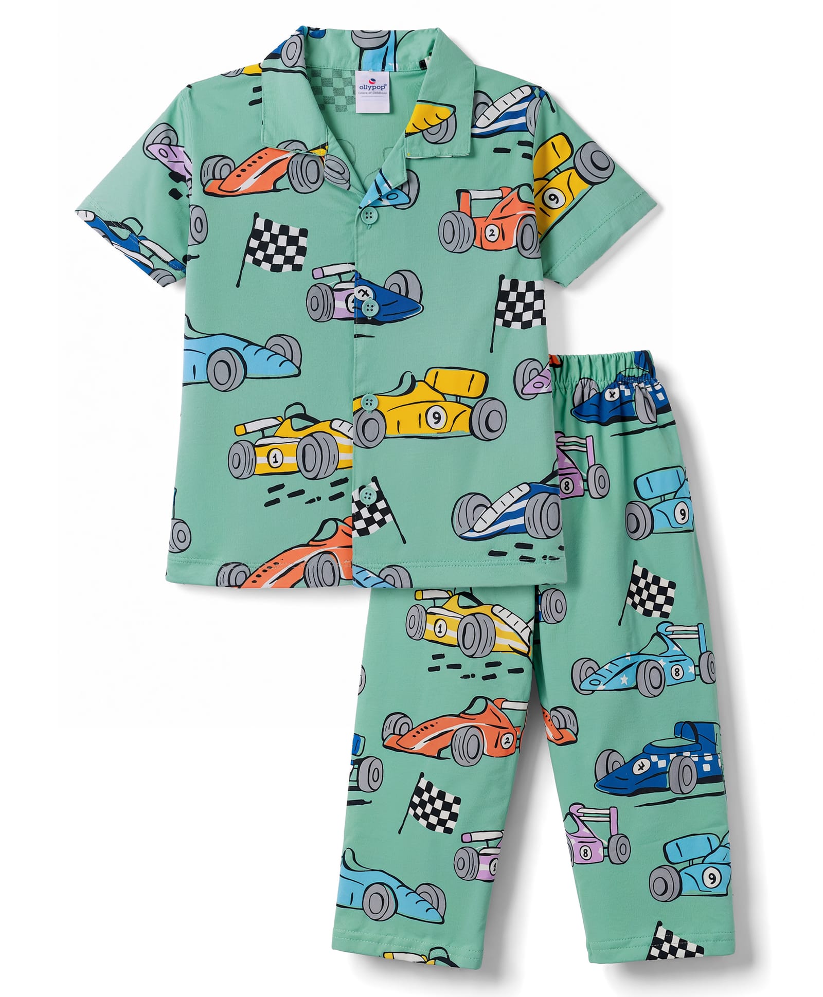 Ollypop Sinker Knit Half Sleeves Vehicles Printed Co-Ords Shirt & Pyjama Night Suit - Green-picture-21