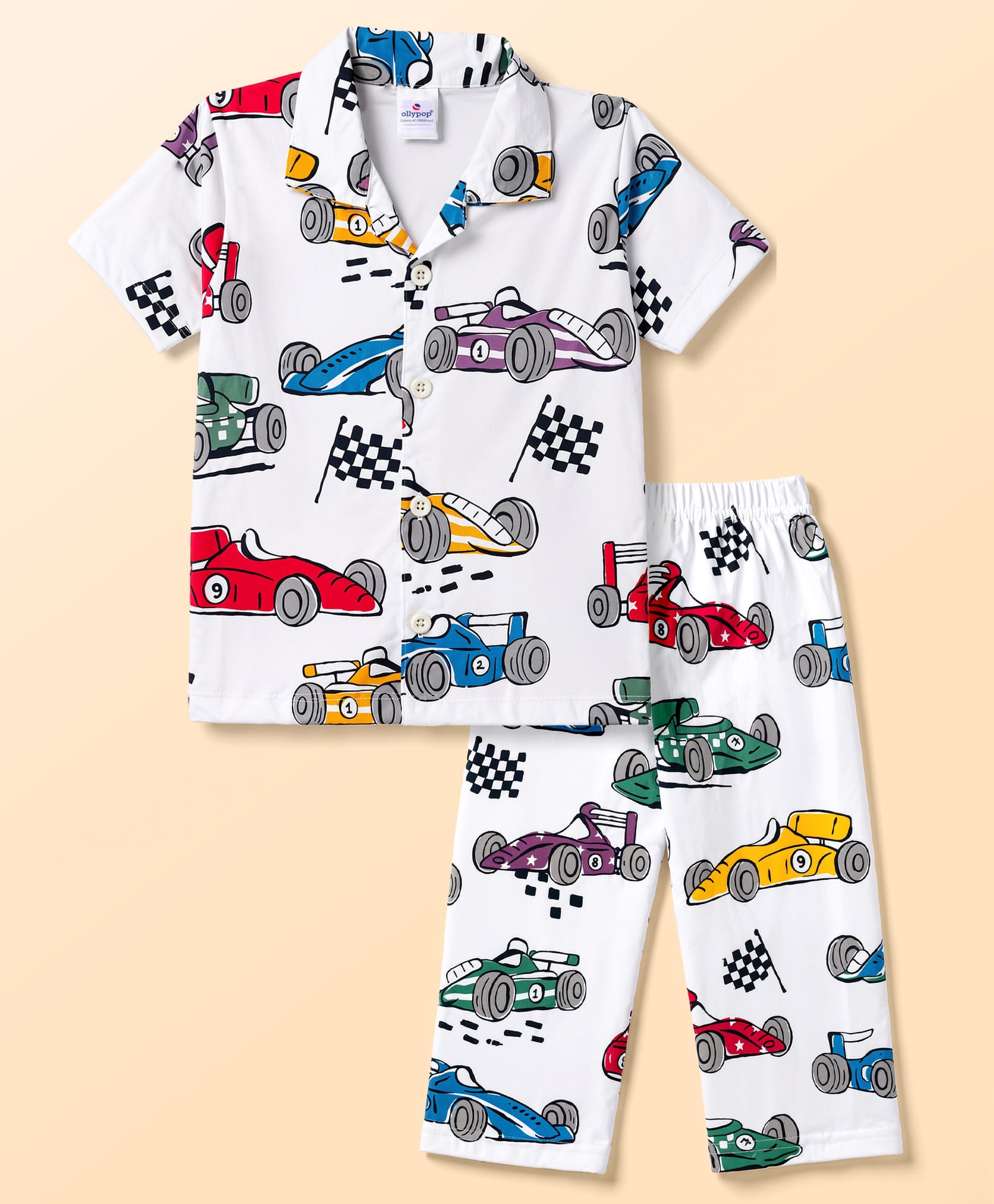 Ollypop Sinker Knit Half Sleeves Vehicles Printed Co-Ords Shirt & Pyjama Night Suit - White-picture-10