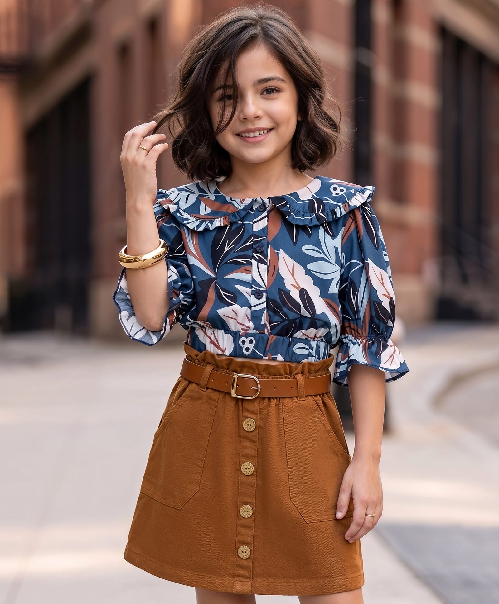 Ollington St. Georgette Woven Set of Woven Printed THree Fourth Sleeves Top & Twill Skirt - Multicolour & Brown-image-37