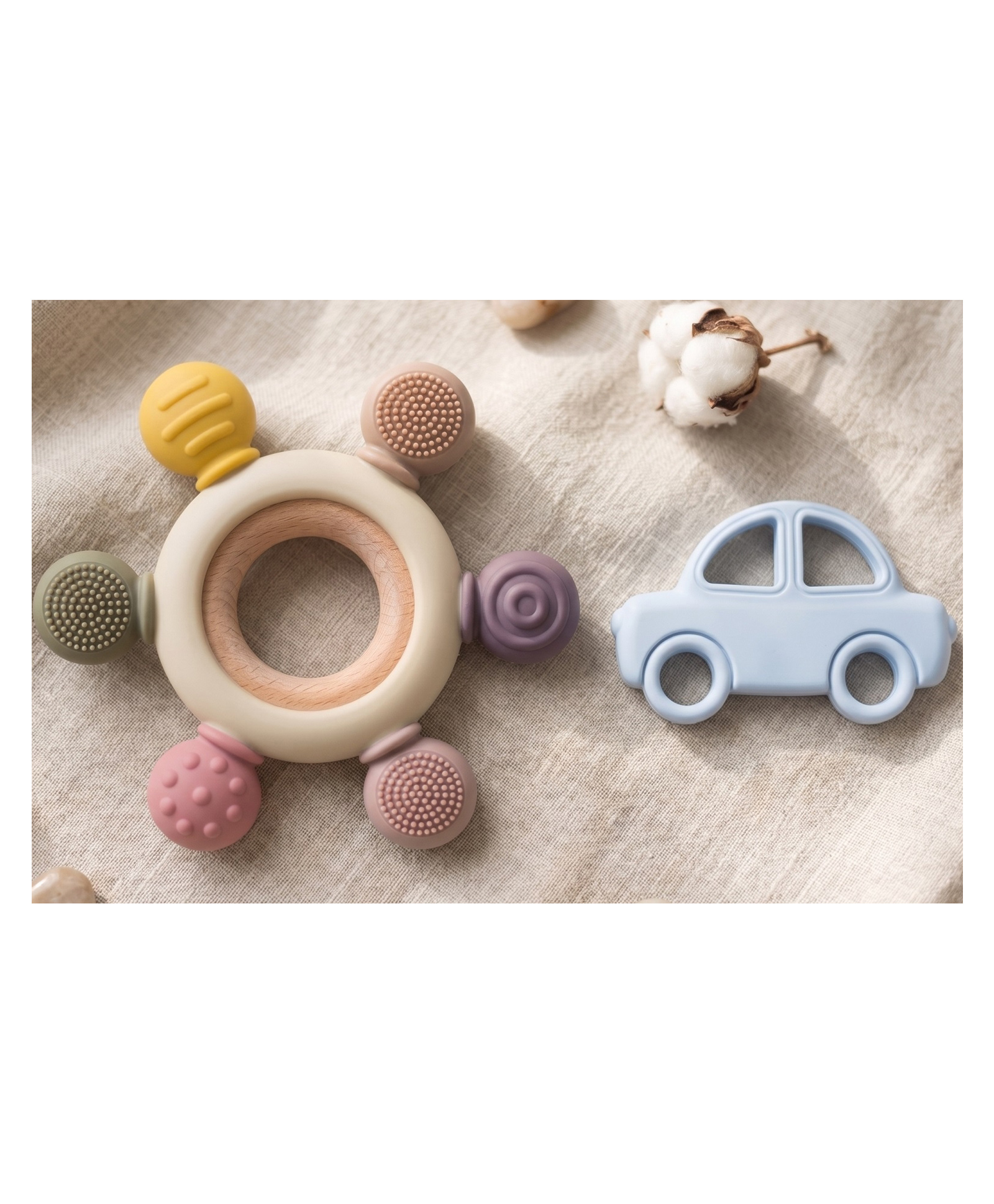 Kidcup Baby Teether with Wooden Ring & Car Shape Teether -Sky Blue-image-1