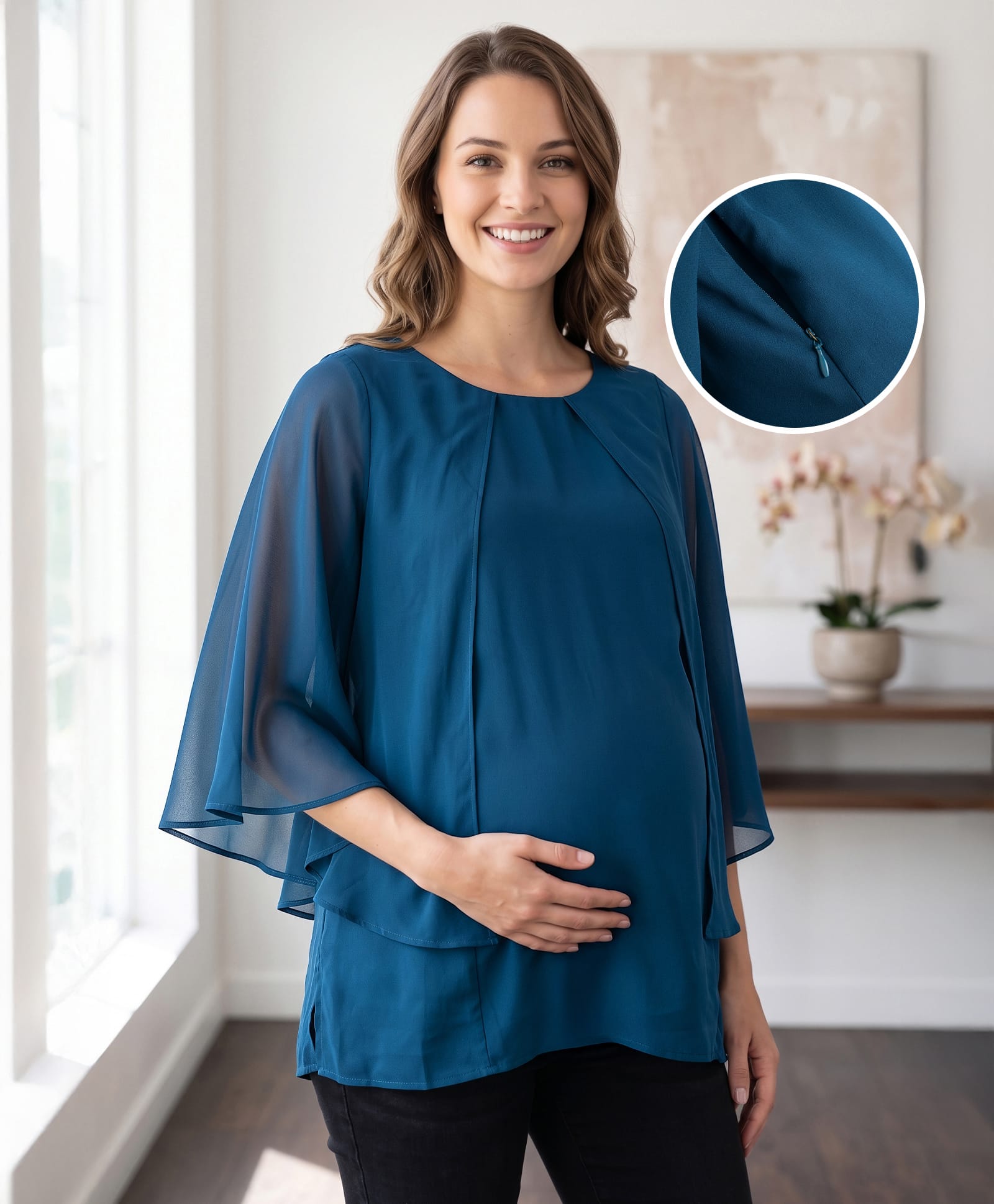 Bella Mama Woven Three Fourth Sleeves Solid Color Maternity Top - Teal Blue