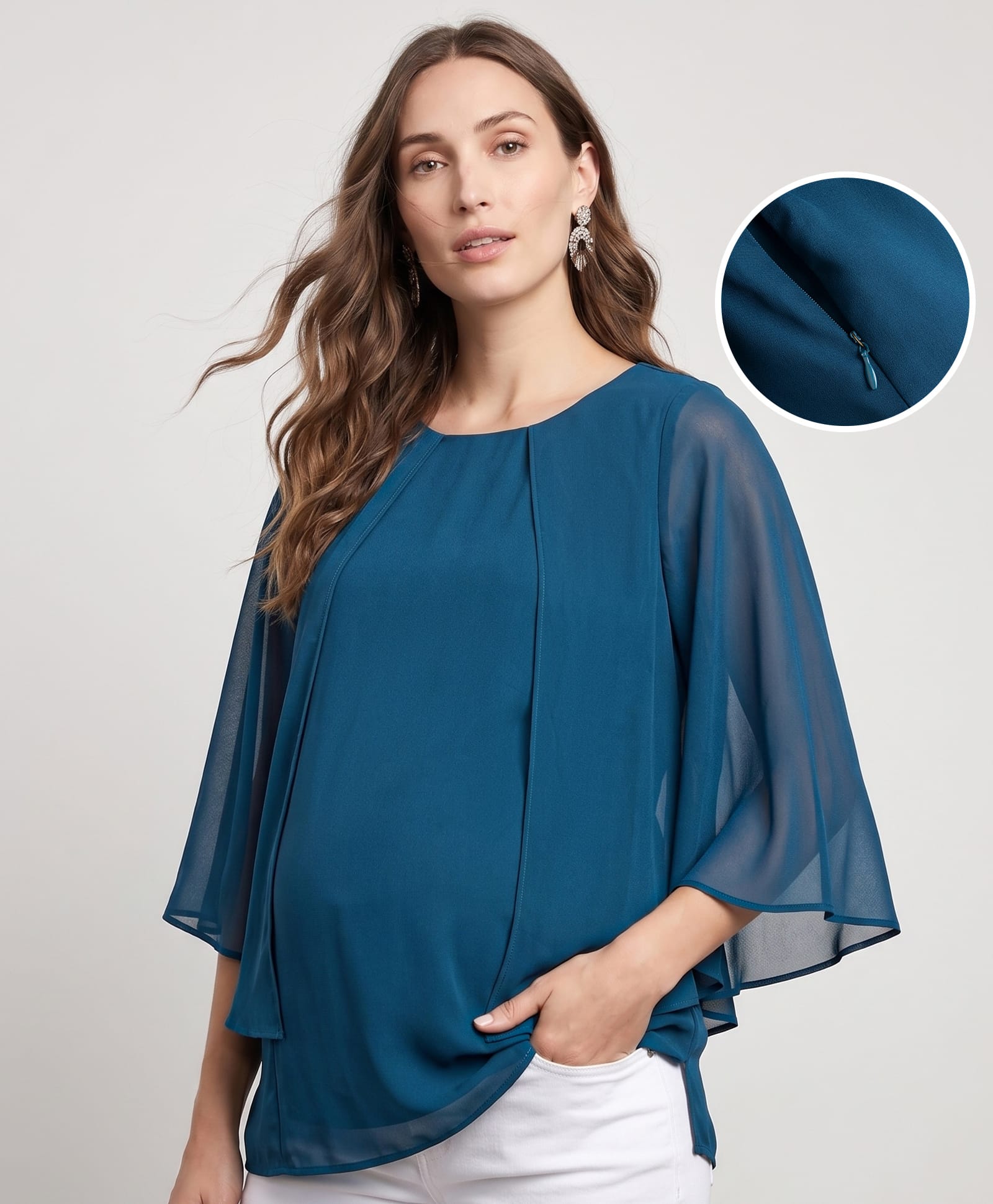 Bella Mama Woven Three Fourth Sleeves Solid Color Maternity Top - Teal Blue-picture-23