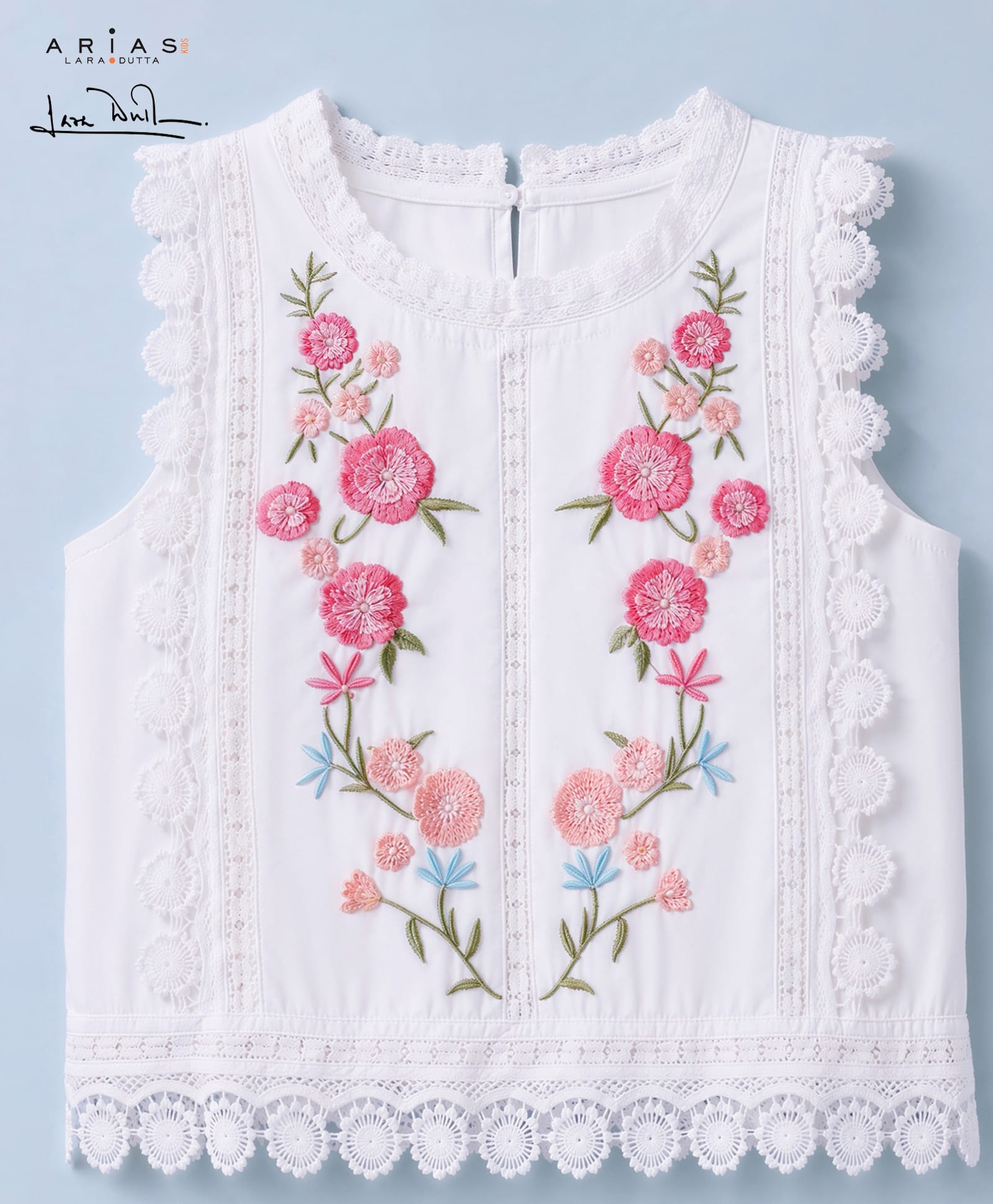 Arias by Lara Dutta 100% Cotton Woven Sleeveless Top with Floral Embroidery & Lace Detailing - White-picture-39