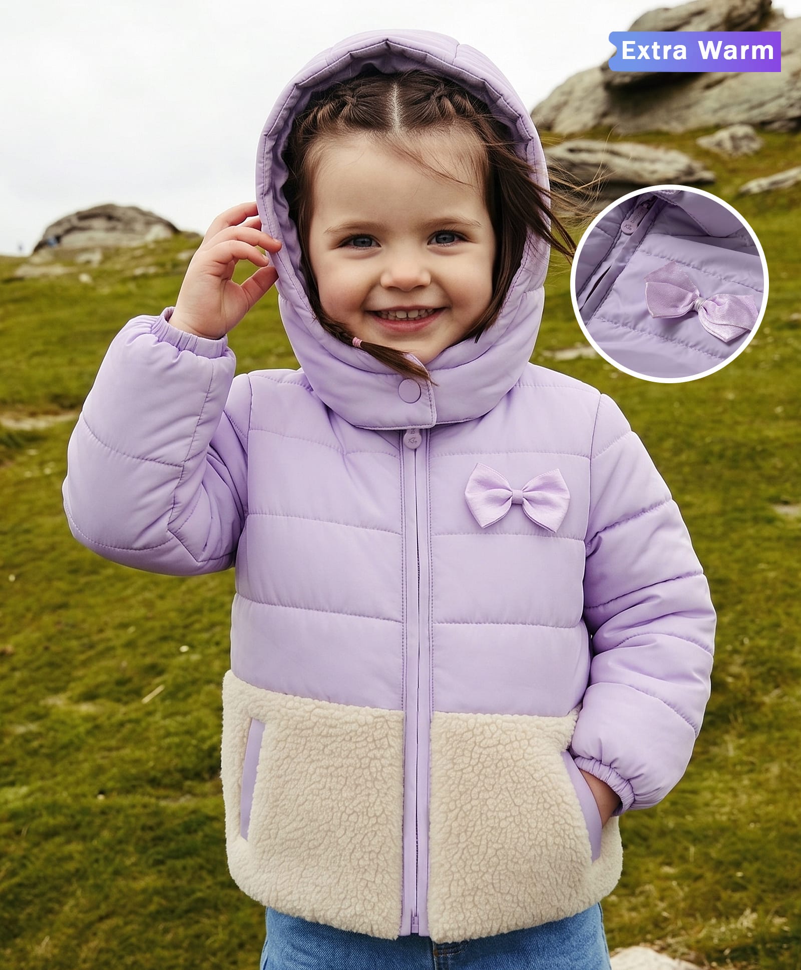 Babyoye Quilted Woven Jacket with Full Sleeves and Bow Applique - Lavender-image-17