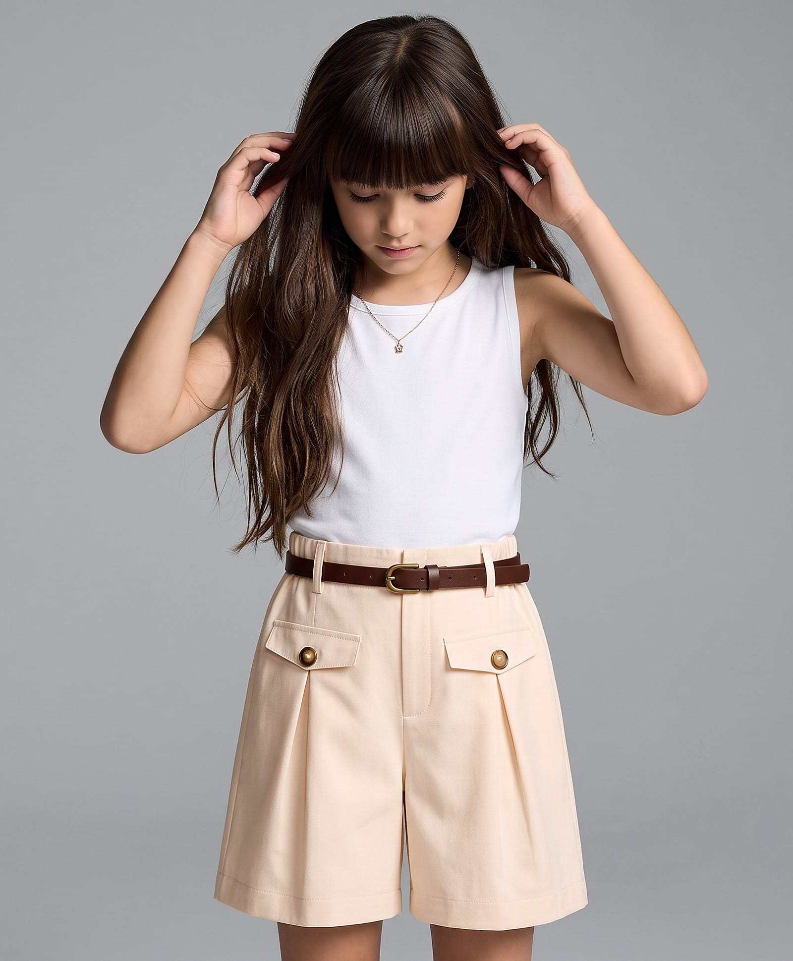 Arias Cotton Woven Solid Color Shorts with Belt - Cream-image-33
