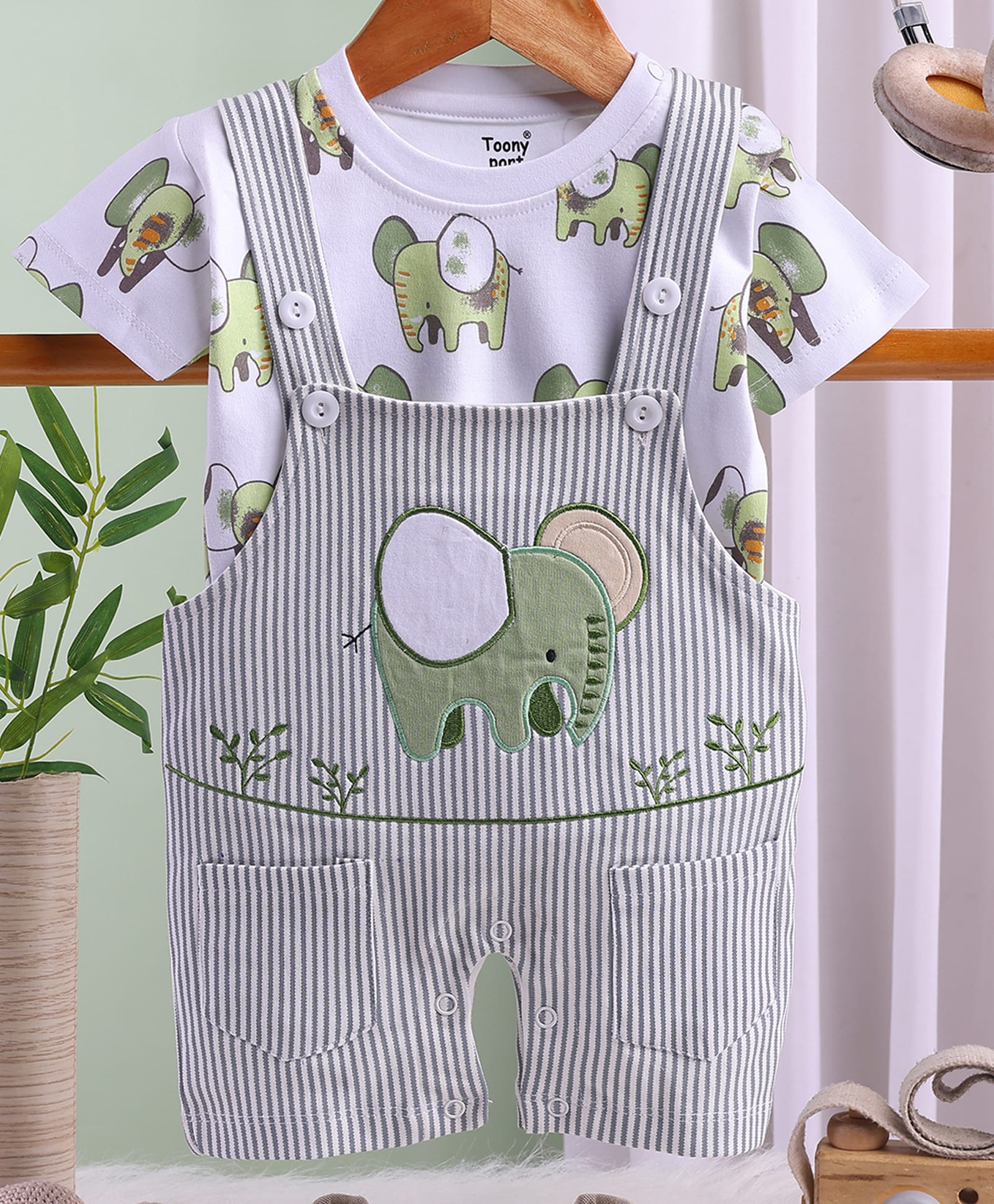 TOONYPORT Cotton Knit Elephants Embroidered & Striped Dungaree With Half Sleeves Tee - White-image-40