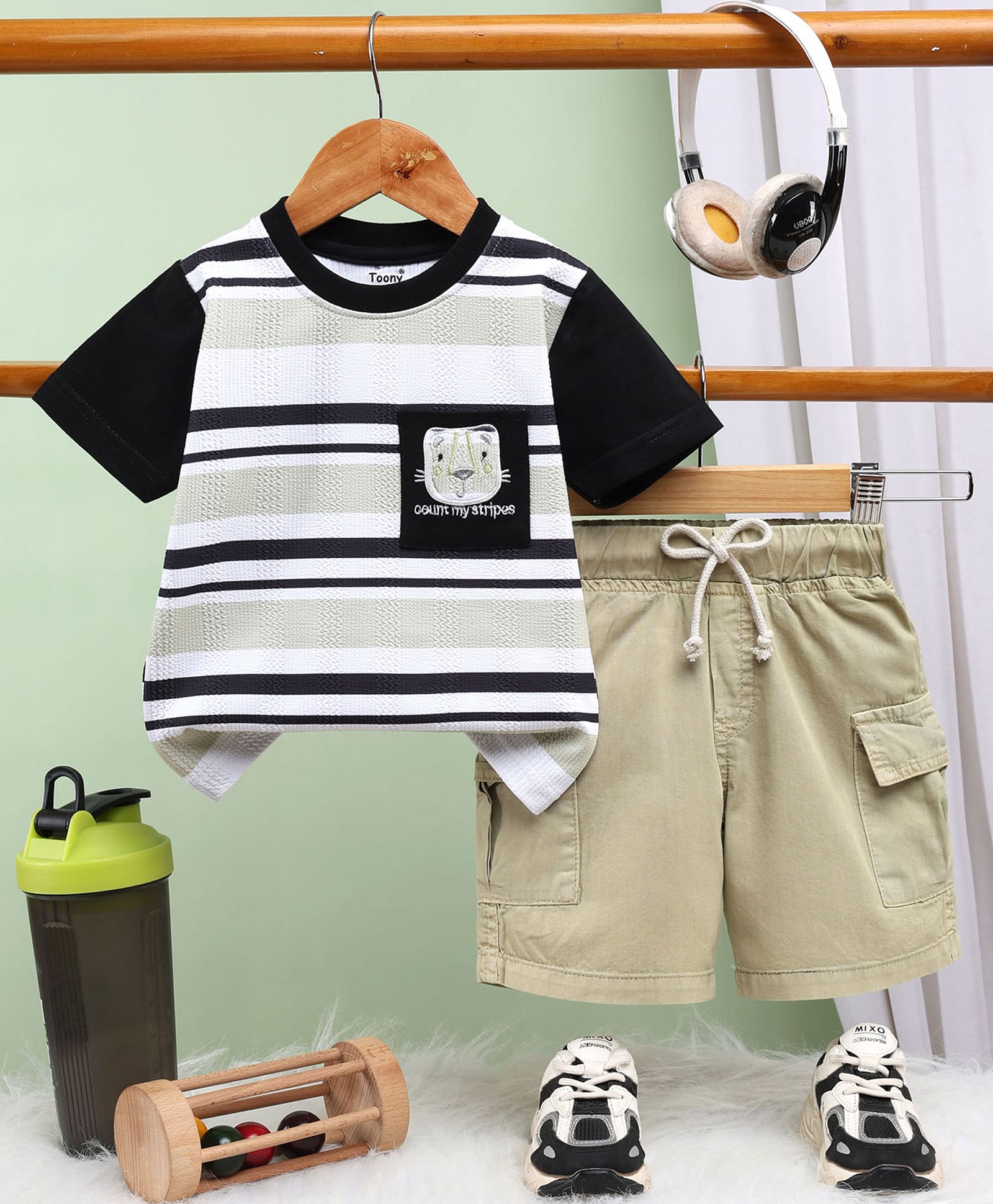 TOONYPORT Cotton Knit Half Sleeves Striped Tee & Shorts Set - Green & Black-image-30
