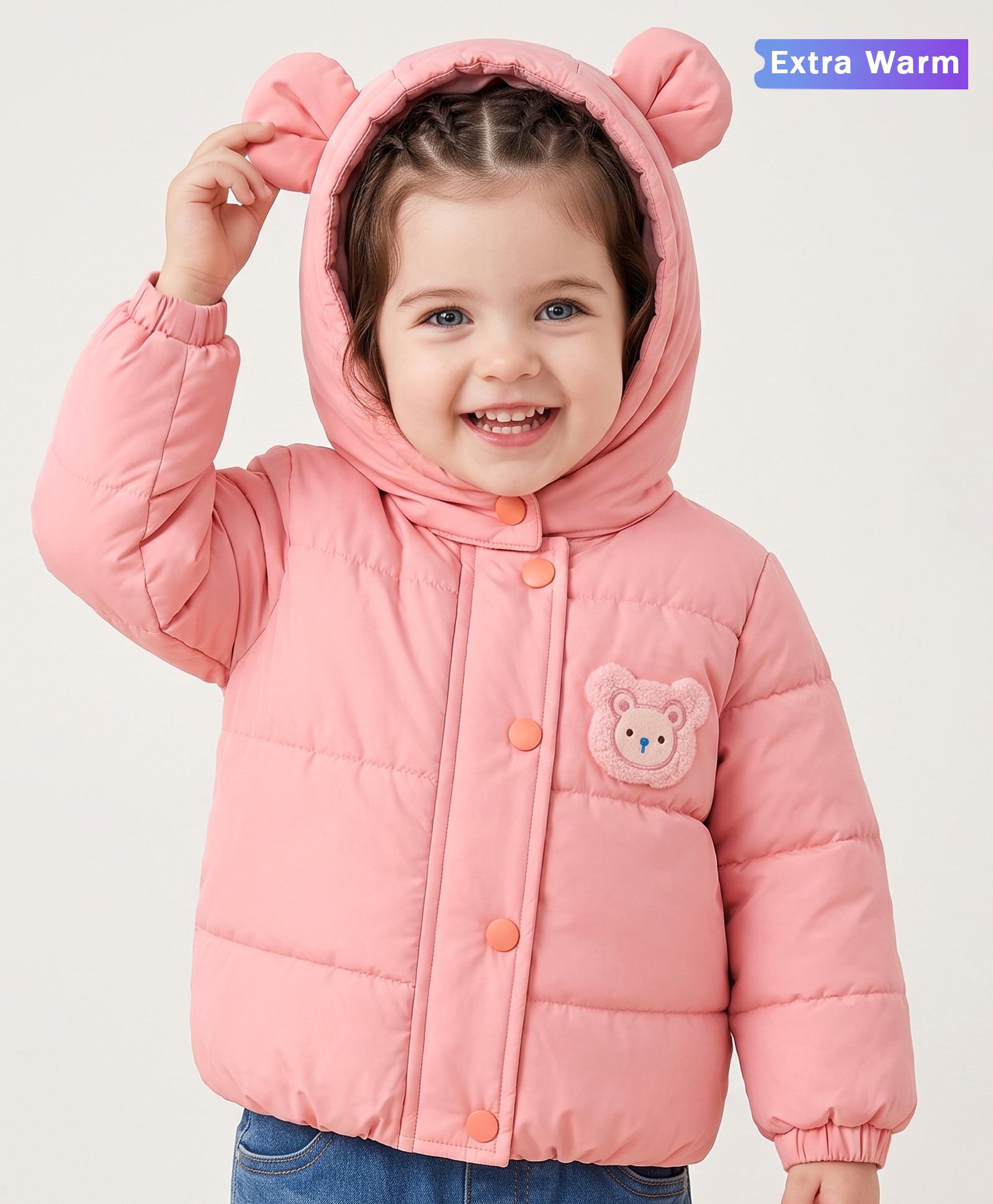 Babyoye Woven Full Sleeves Hooded Padded Solid Colour Jacket with Ear & Bear Applique - Pink-image-31