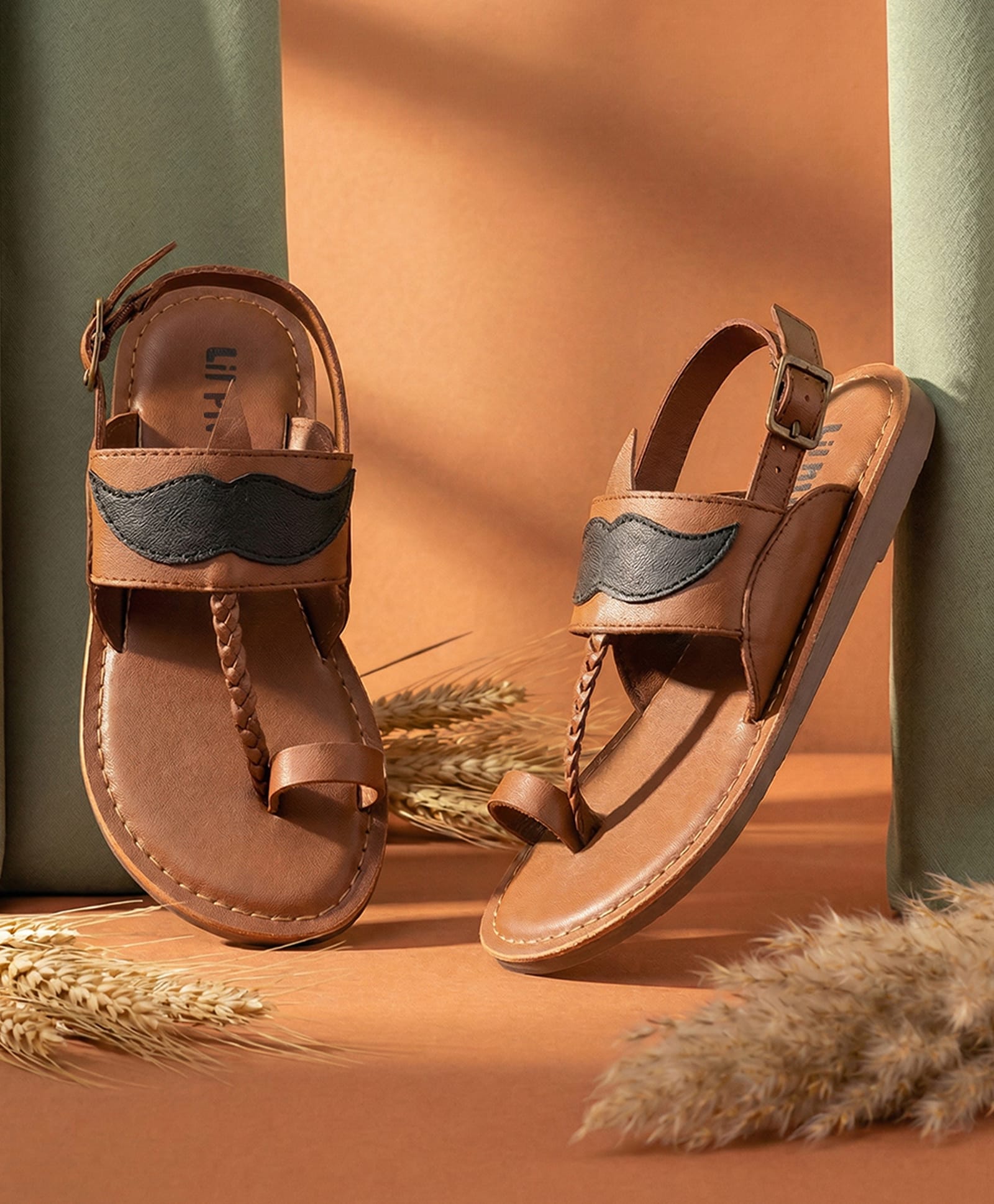 LIL PITAARA Braid & Moustache Applique Detailed Buckle Closure Kolhapuri Sandals - Tan-picture-16
