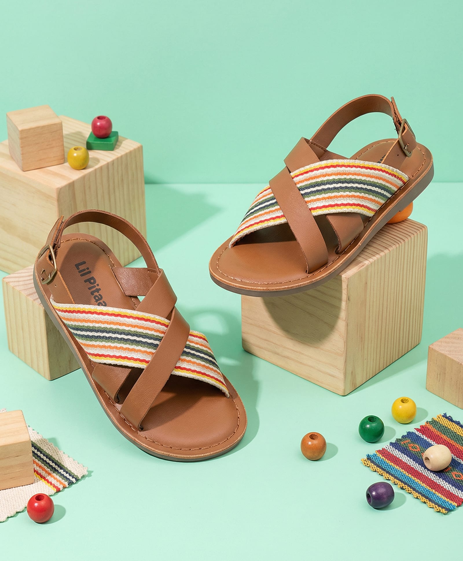 LIL PITAARA Striped Strap Detailed Buckle Closure Sandals - Brown-image-24