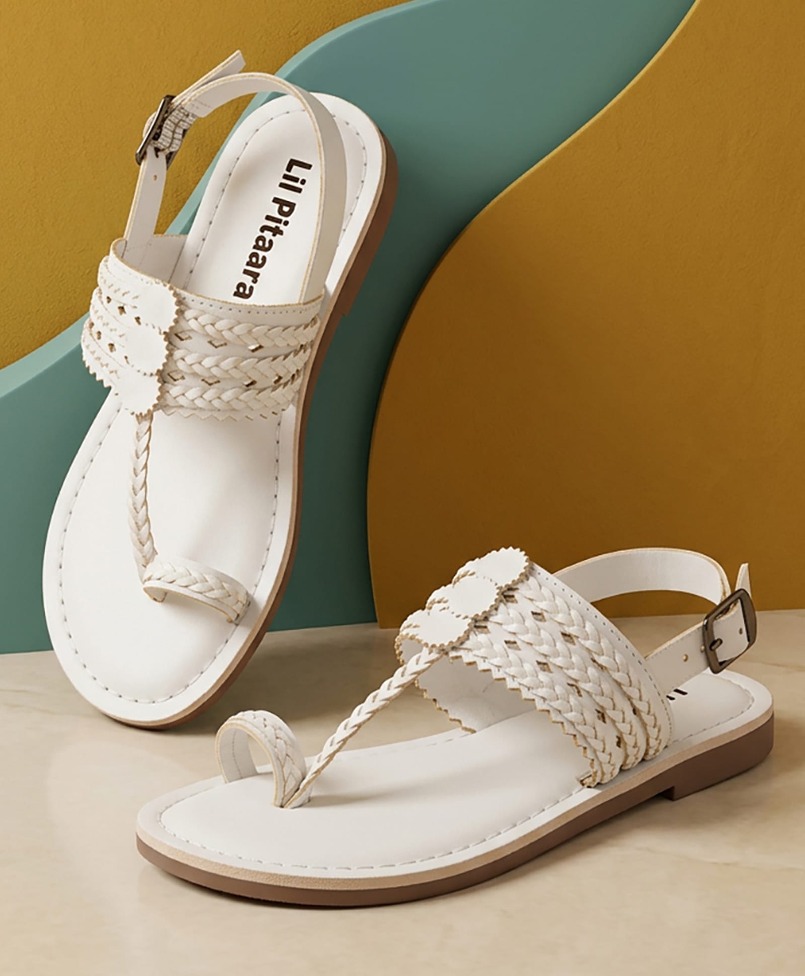 LIL PITAARA Solid Buckle Closure Kolhapuri Sandals - White-image-24