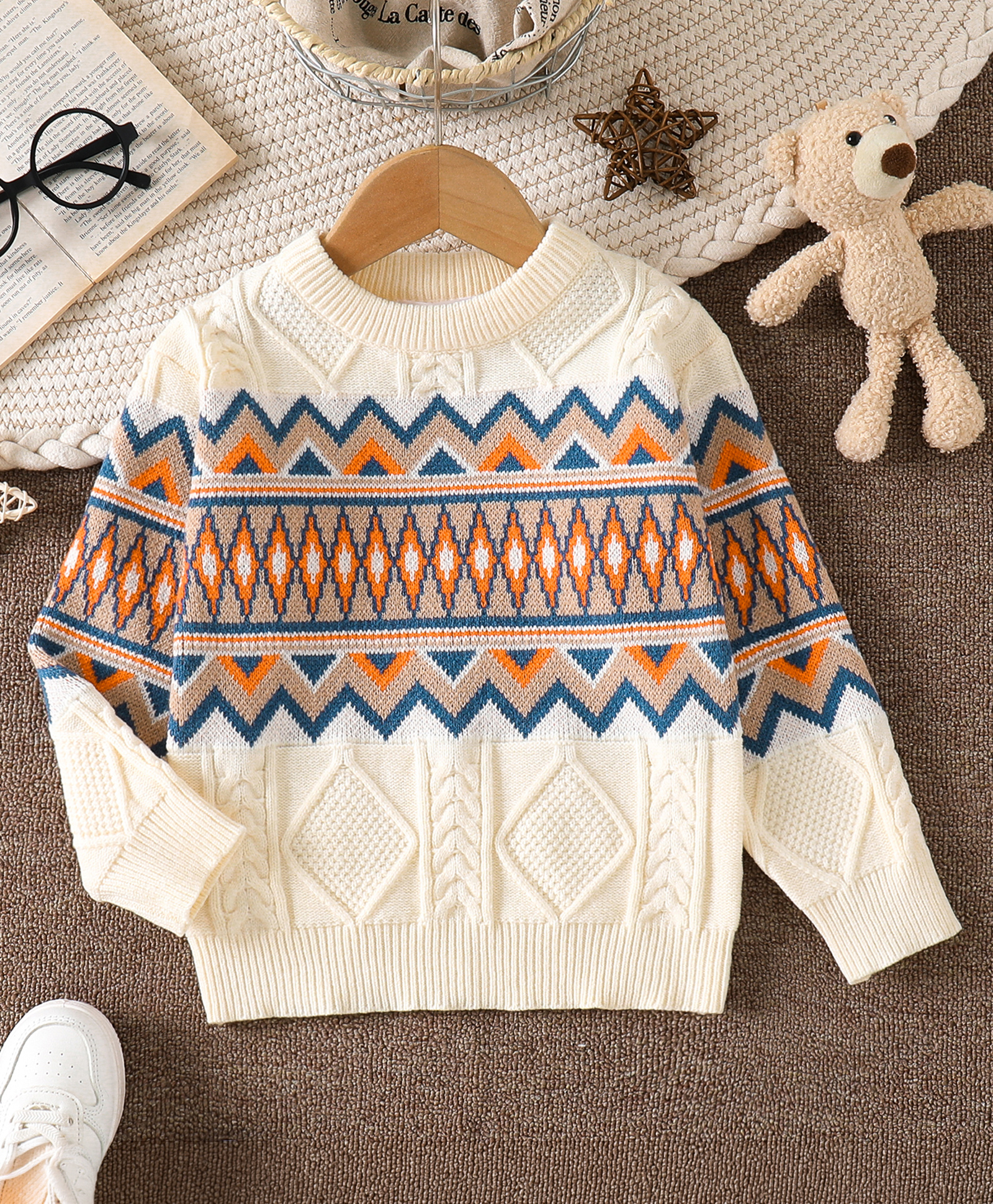 Mark & Mia Viscose Full Sleeves Pullovers With Cable Knit & Geometric Design - Beige-picture-13