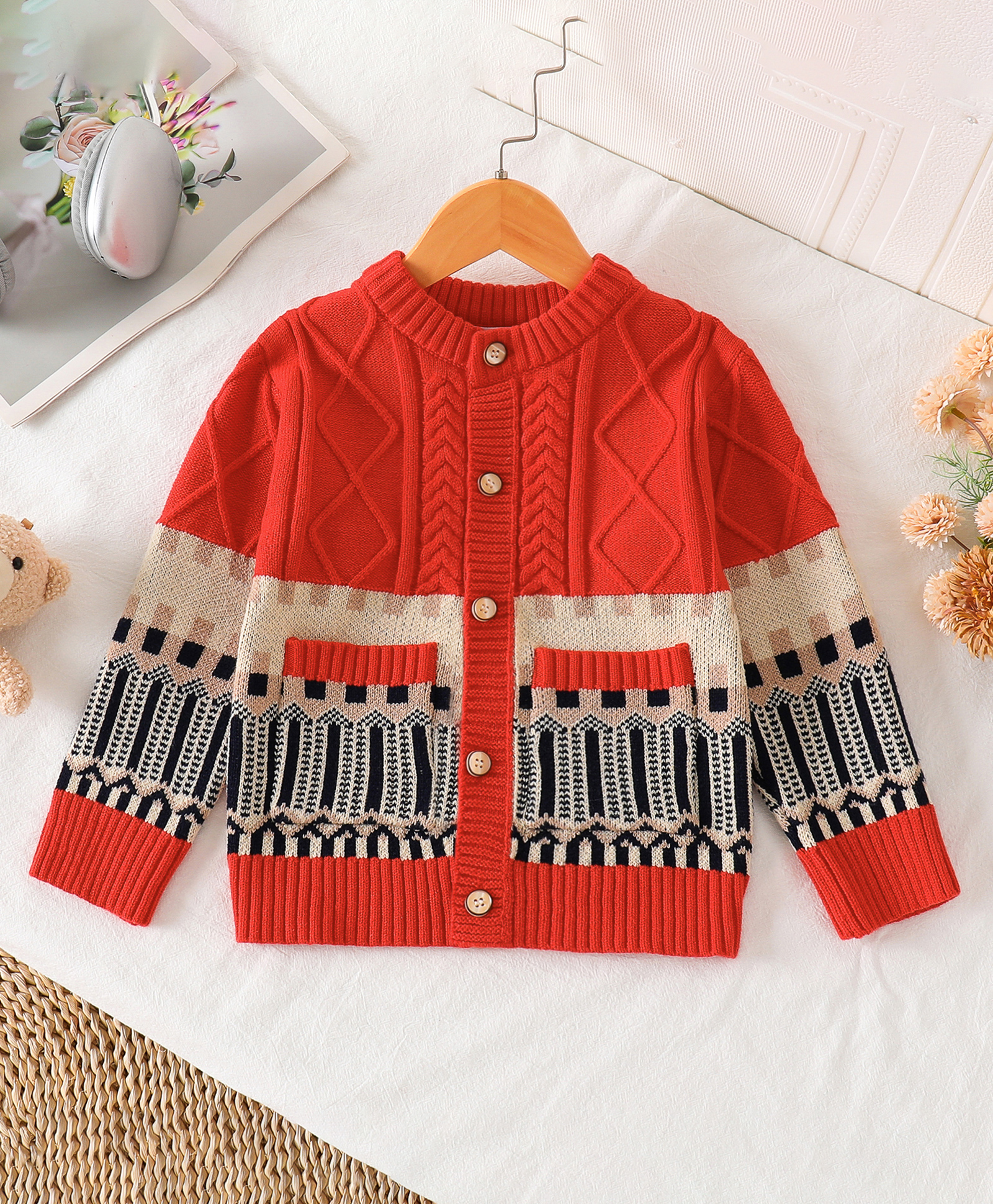 Mark & Mia Viscose Full Sleeves Front Open Sweaters With Cable Knit & Argyle Design - Red-picture-15