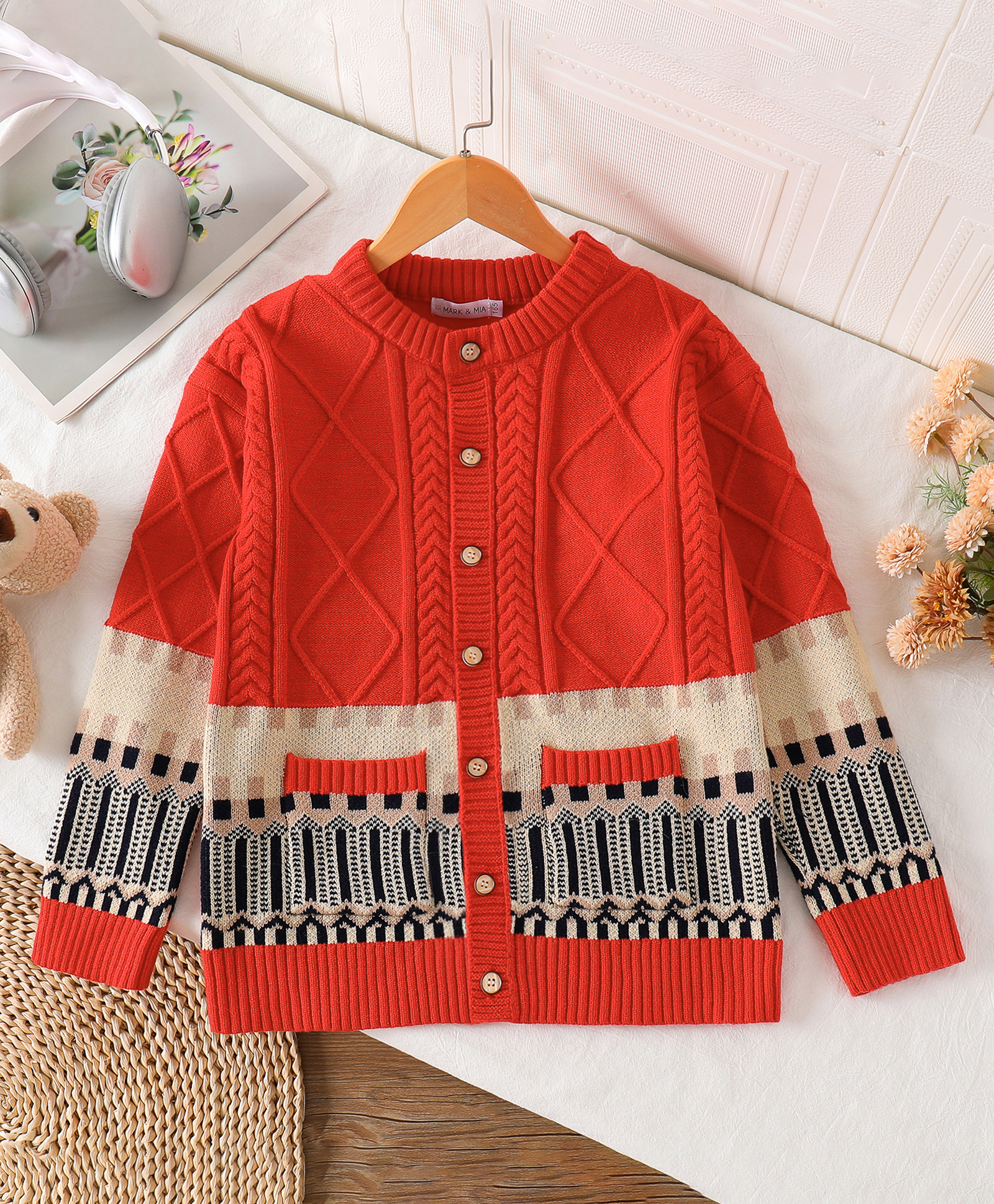 Mark & Mia Viscose Full Sleeves Front Open Sweaters With Cable Knit & Argyle Design - Red-image-7