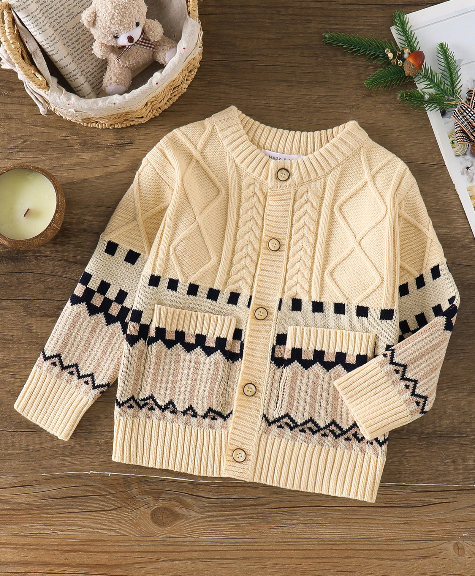 Mark & Mia Viscose Full Sleeves Front Open Sweaters With Cable Knit & Argyle Design - Beige-image-45