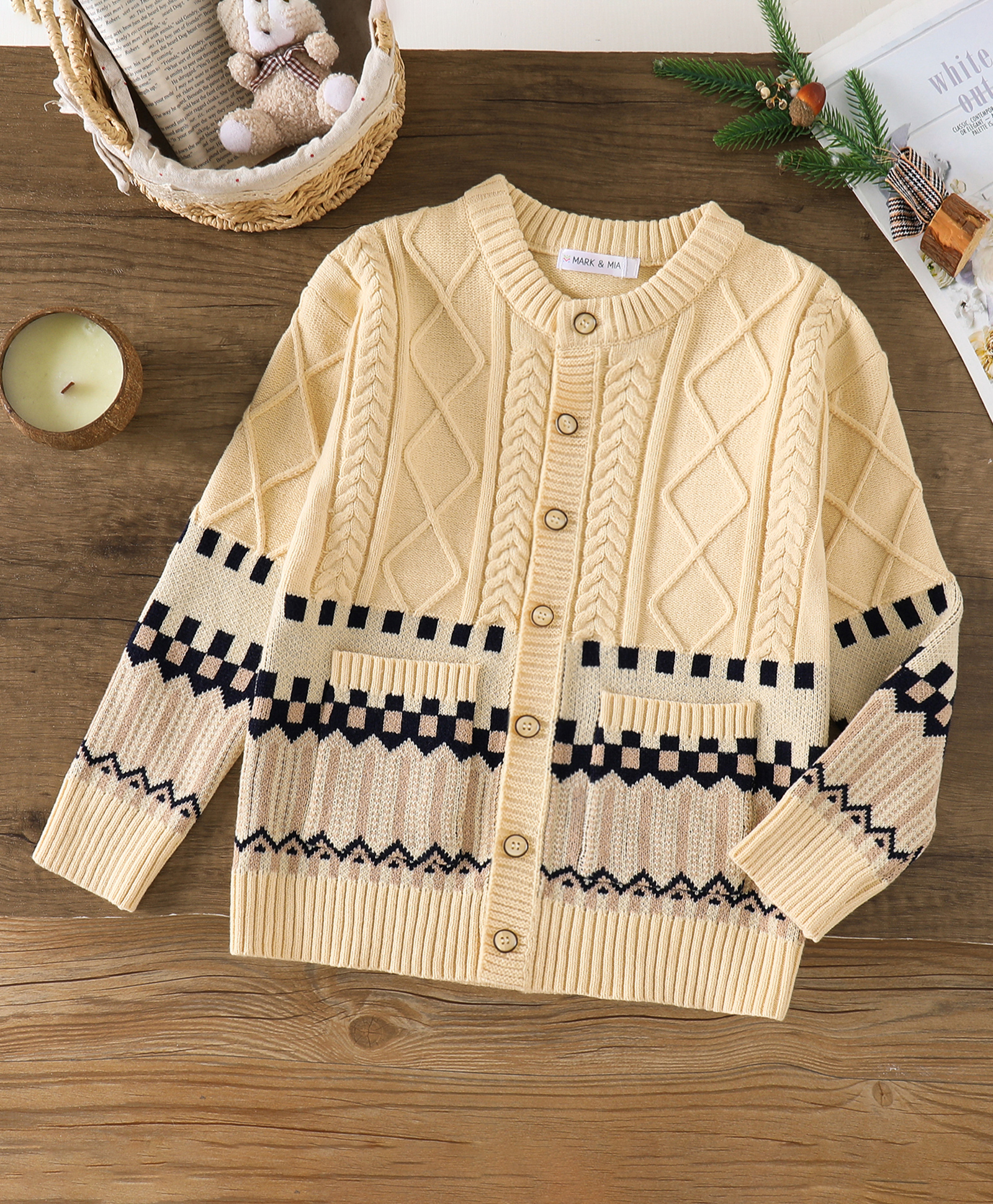 Mark & Mia Viscose Full Sleeves Front Open Sweaters With Cable Knit & Argyle Design - Beige-image-41