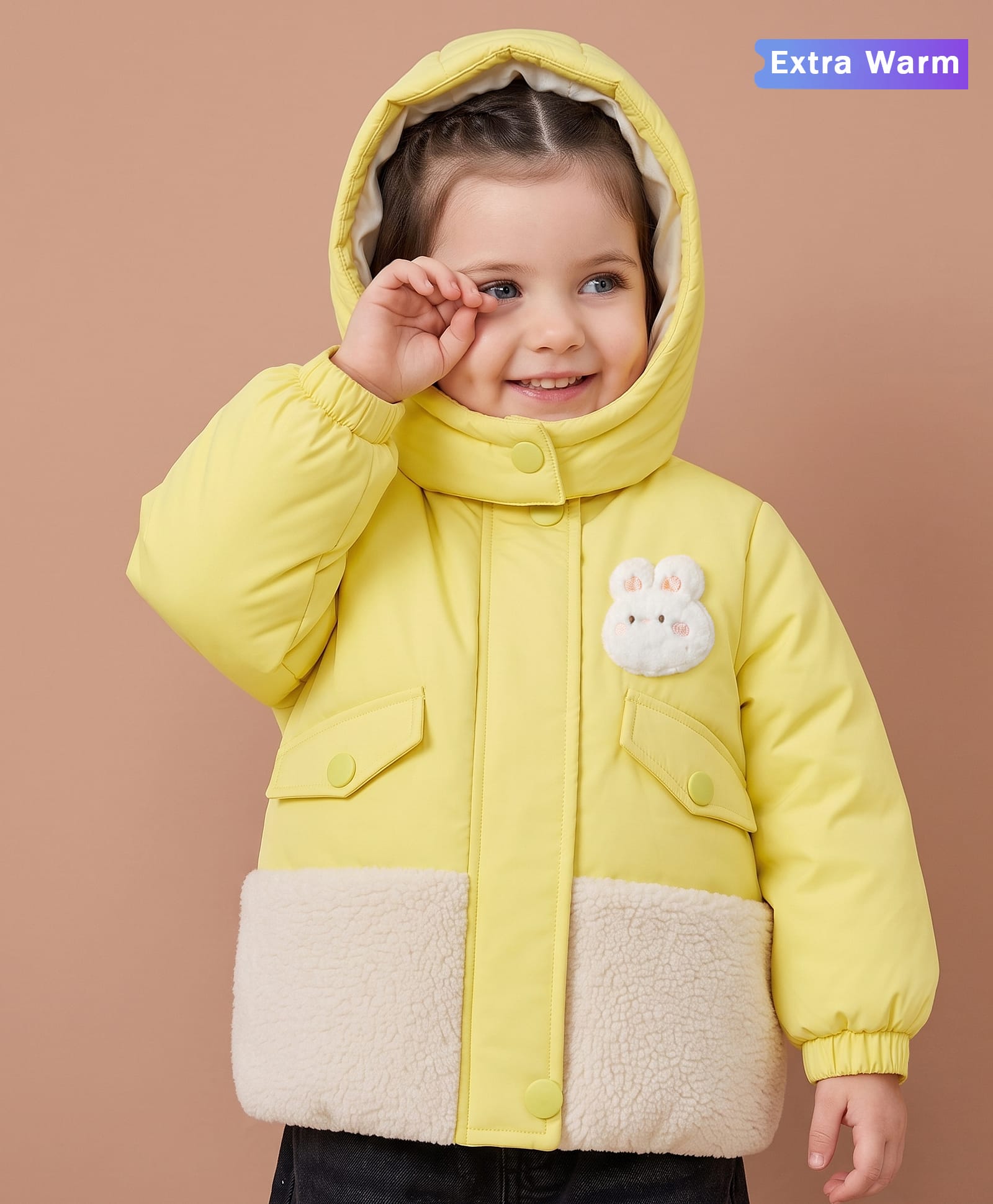 Babyoye Woven Hooded Jacket with Full Sleeves and Rabbit Applique - Yellow-image-38