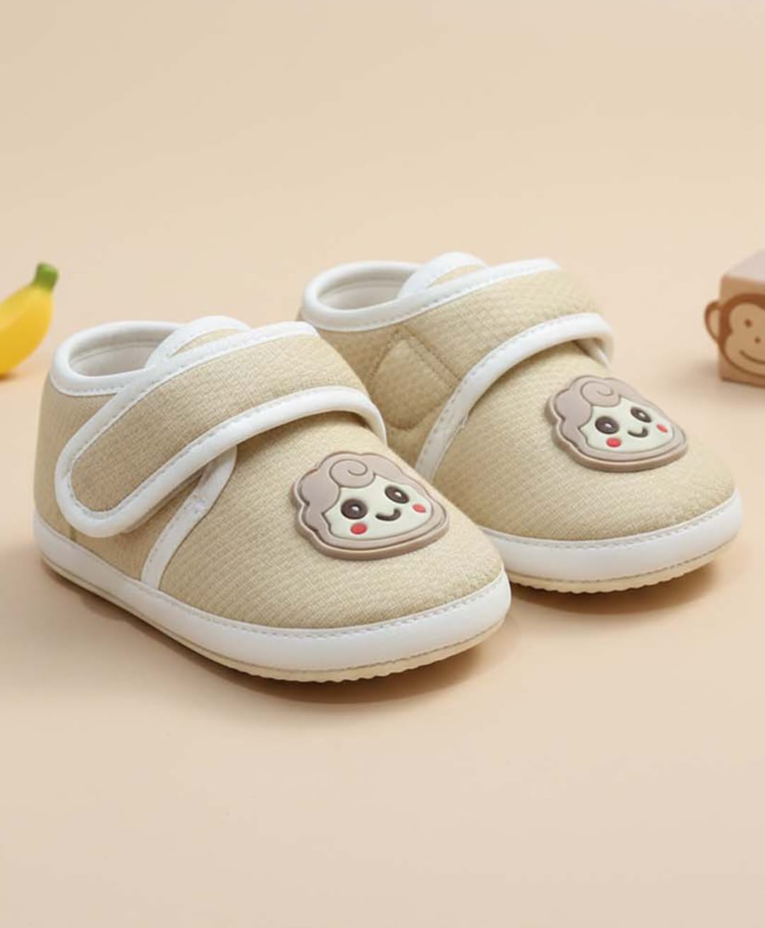 Baby Moo Cartoon Applique Detailed Velcro Closure Booties - Beige-picture-2