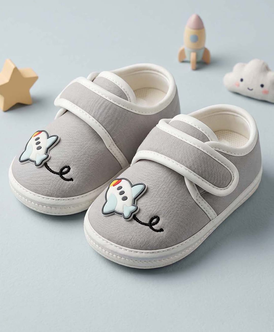 Baby Moo Aeroplane Applique Detailed Velcro Closure Booties - Grey-image-34